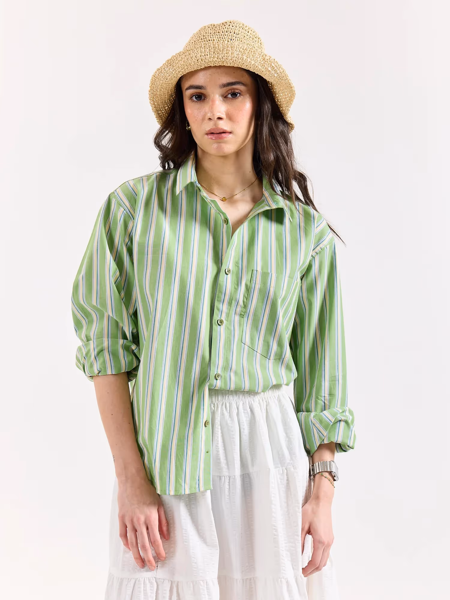 Light Green Striped Poplin Oversized Shirt image 4