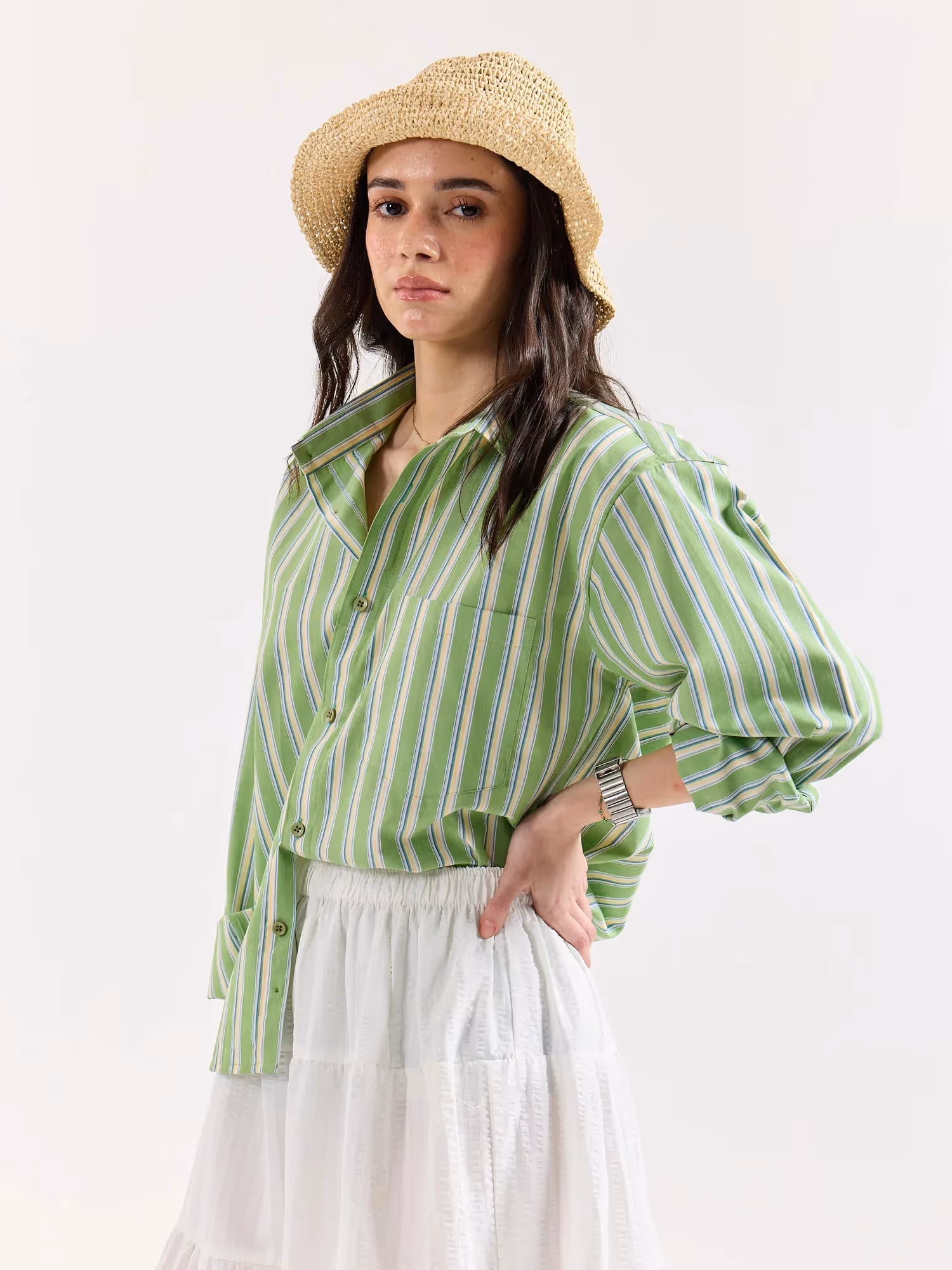 Light Green Striped Poplin Oversized Shirt image 7