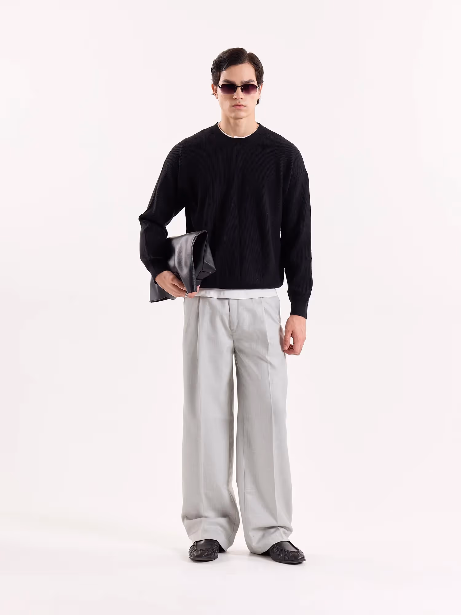 Light Grey Textured Baggy Fit Trousers image 1