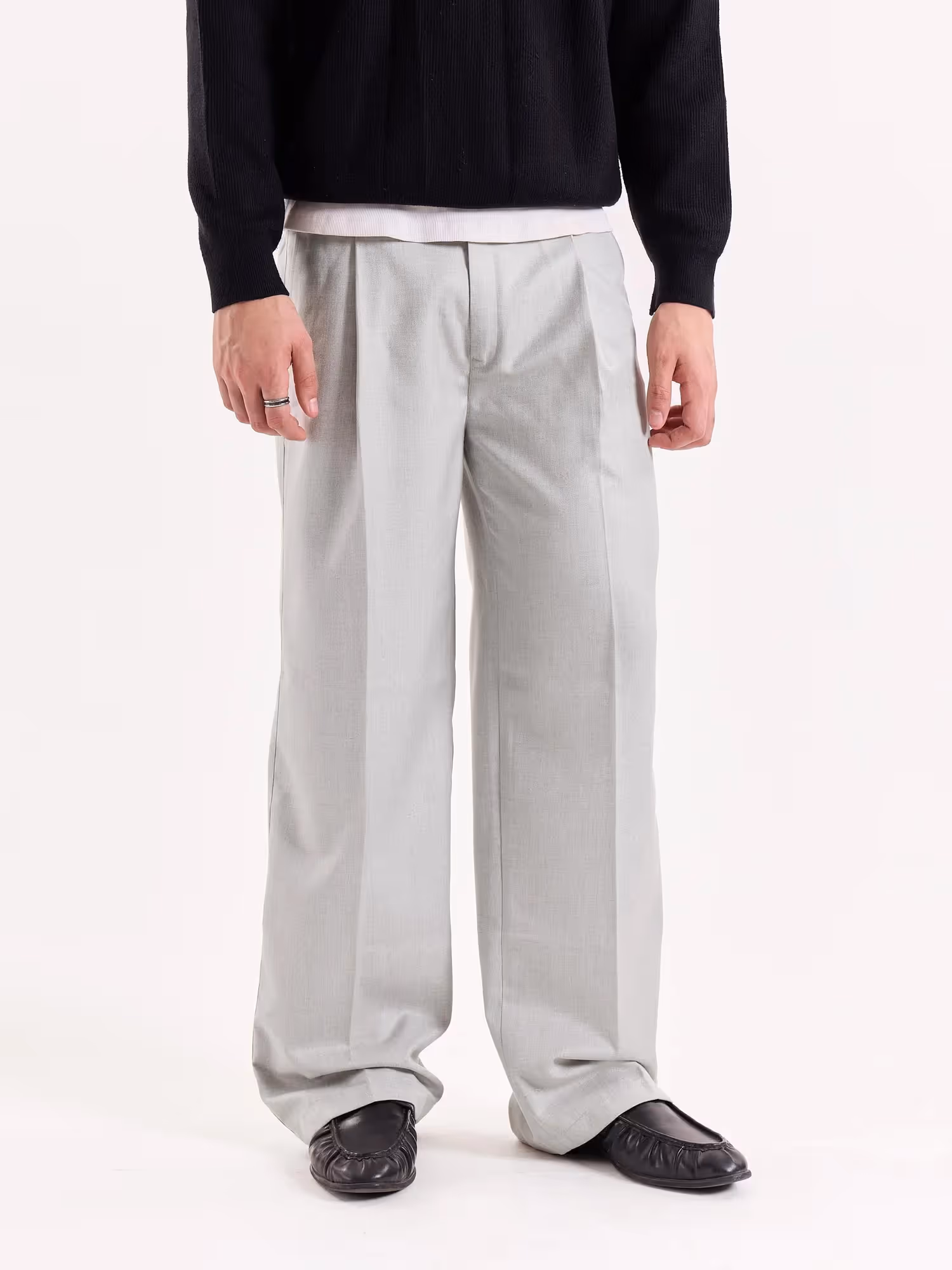 Light Grey Textured Baggy Fit Trousers image 2