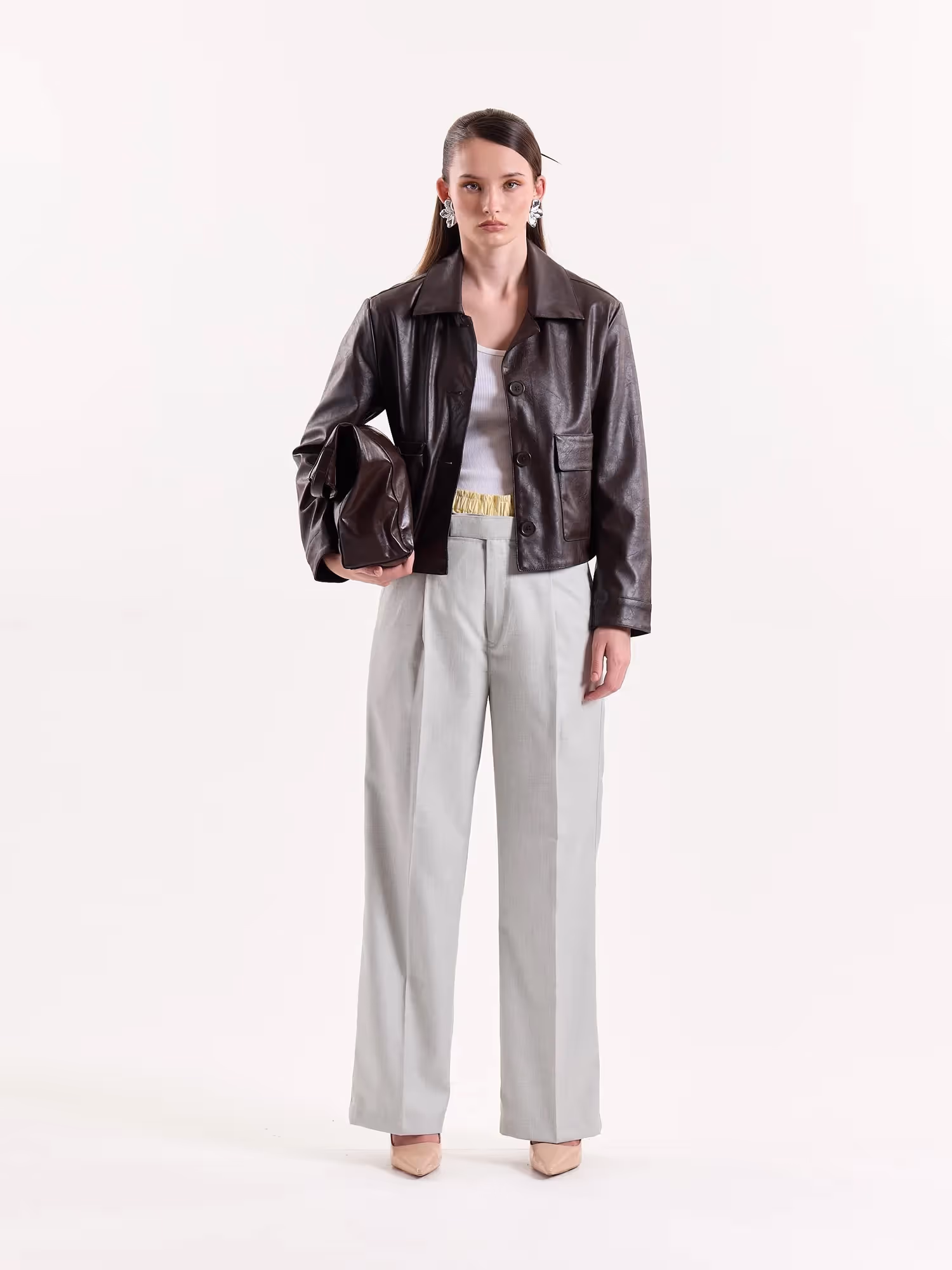 Light Grey Textured Baggy Fit Trousers image 3