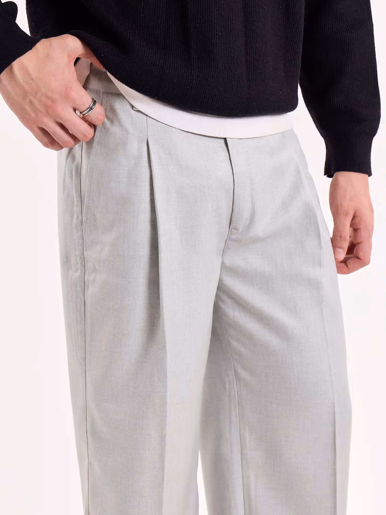 Light Grey Textured Baggy Fit Trousers image 5