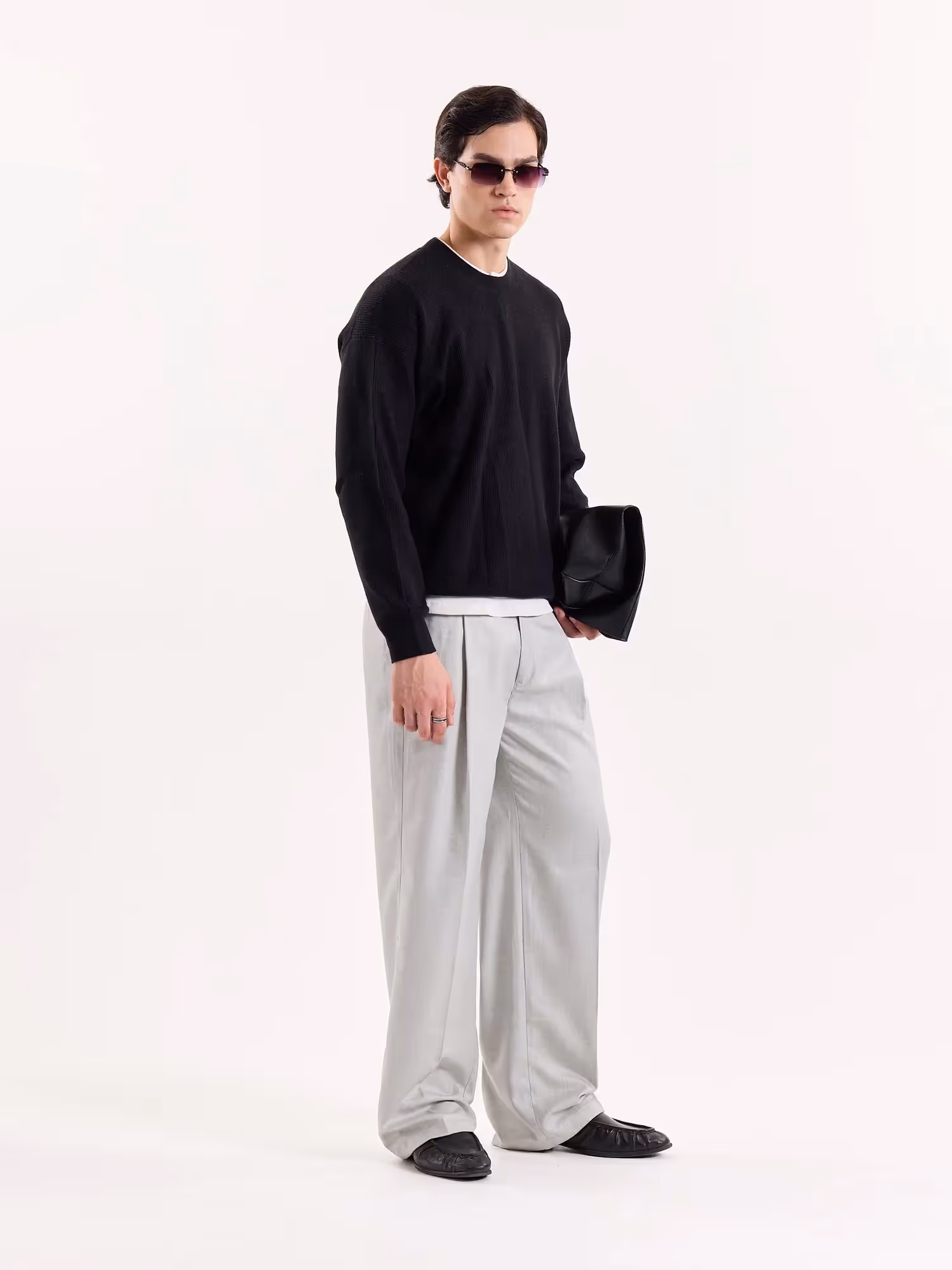 Light Grey Textured Baggy Fit Trousers image 6