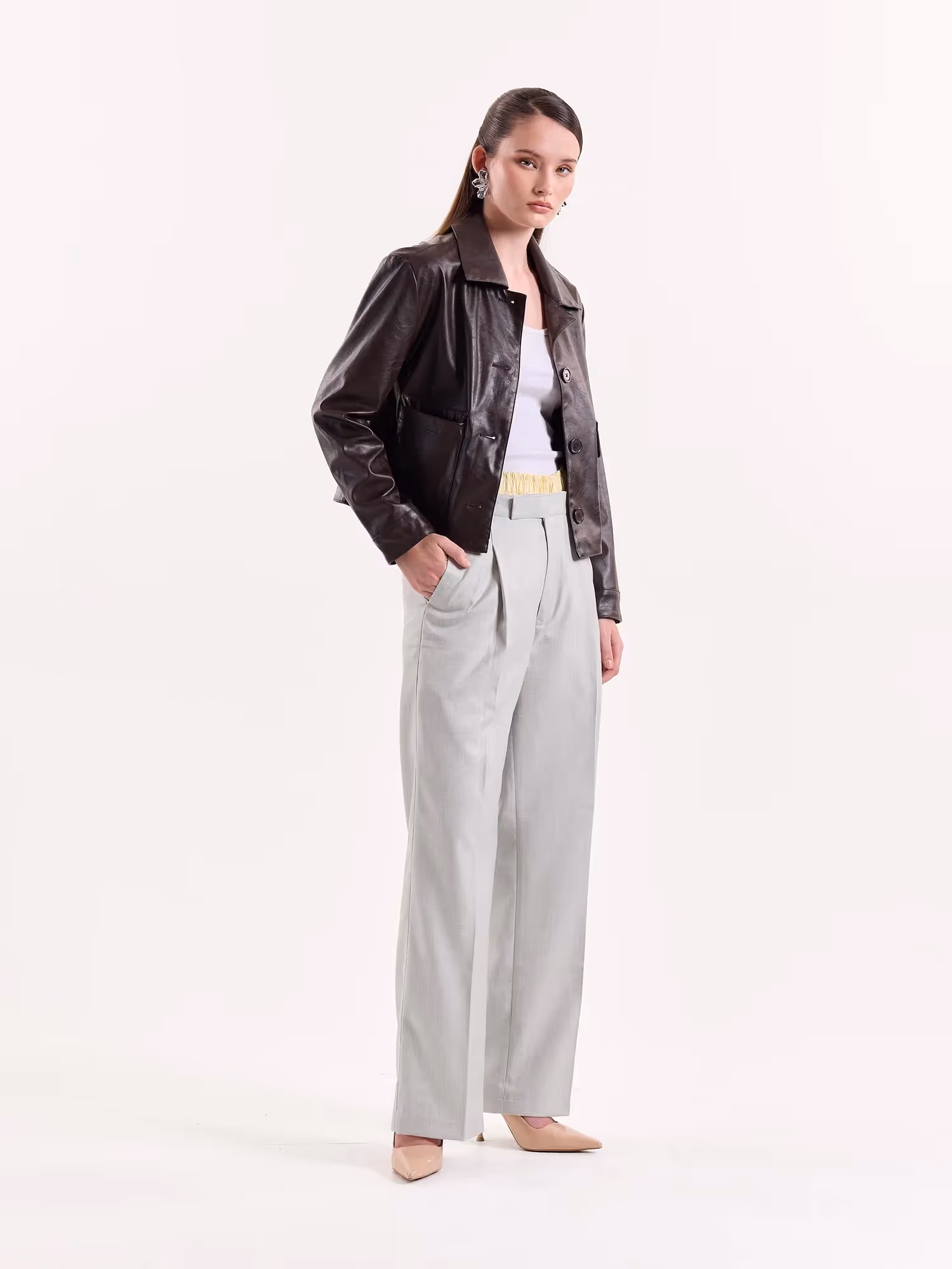 Light Grey Textured Baggy Fit Trousers image 8