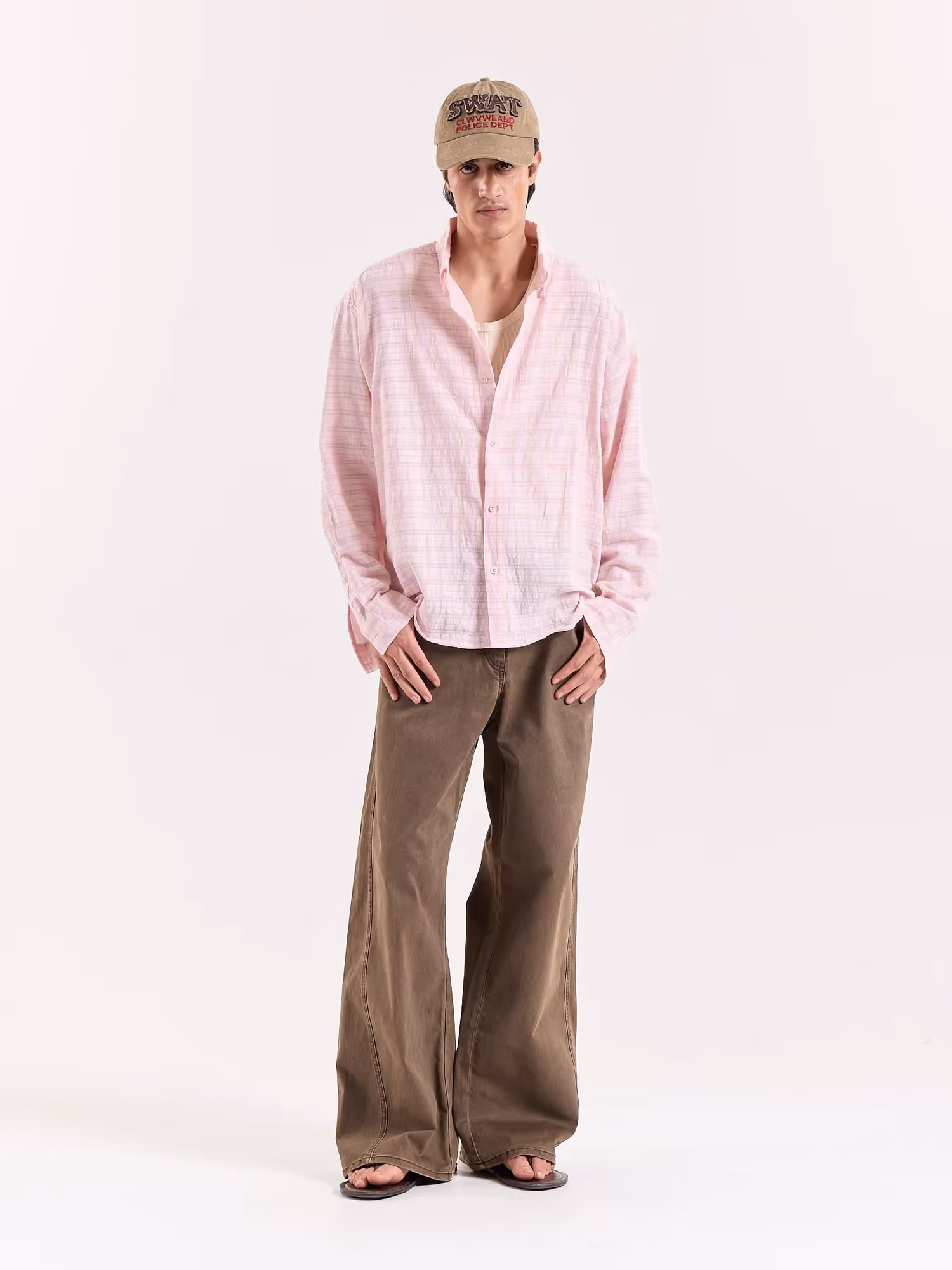 Light Pink & Green Seersucker Cropped Shirt image 1