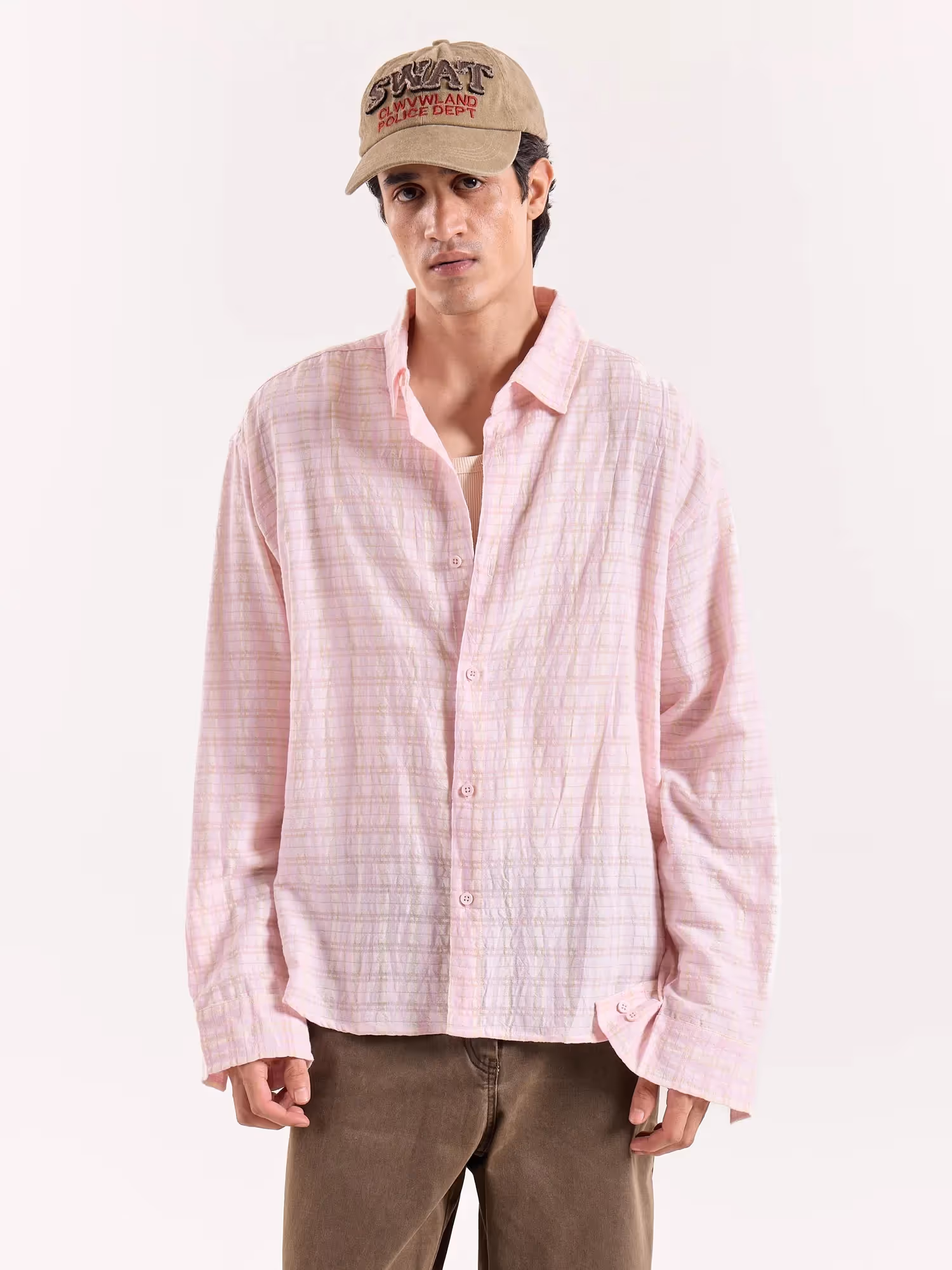 Light Pink & Green Seersucker Cropped Shirt image 3