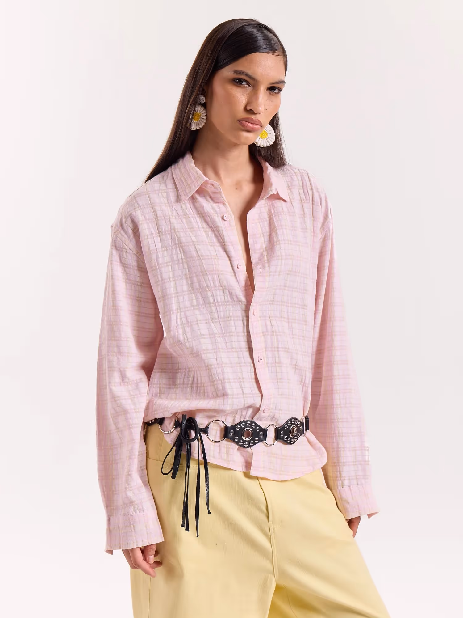 Light Pink & Green Seersucker Cropped Shirt image 4