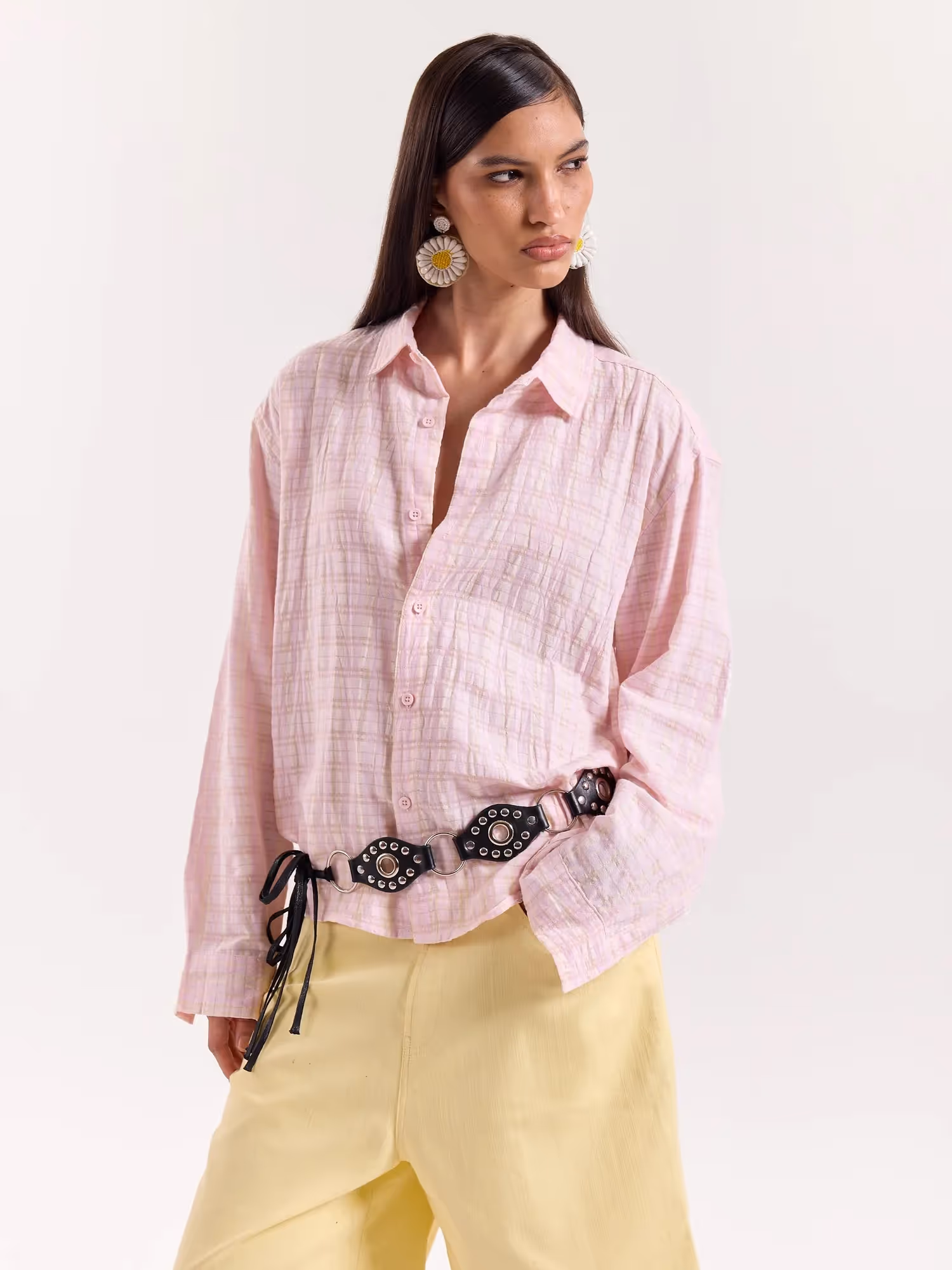 Light Pink & Green Seersucker Cropped Shirt image 6