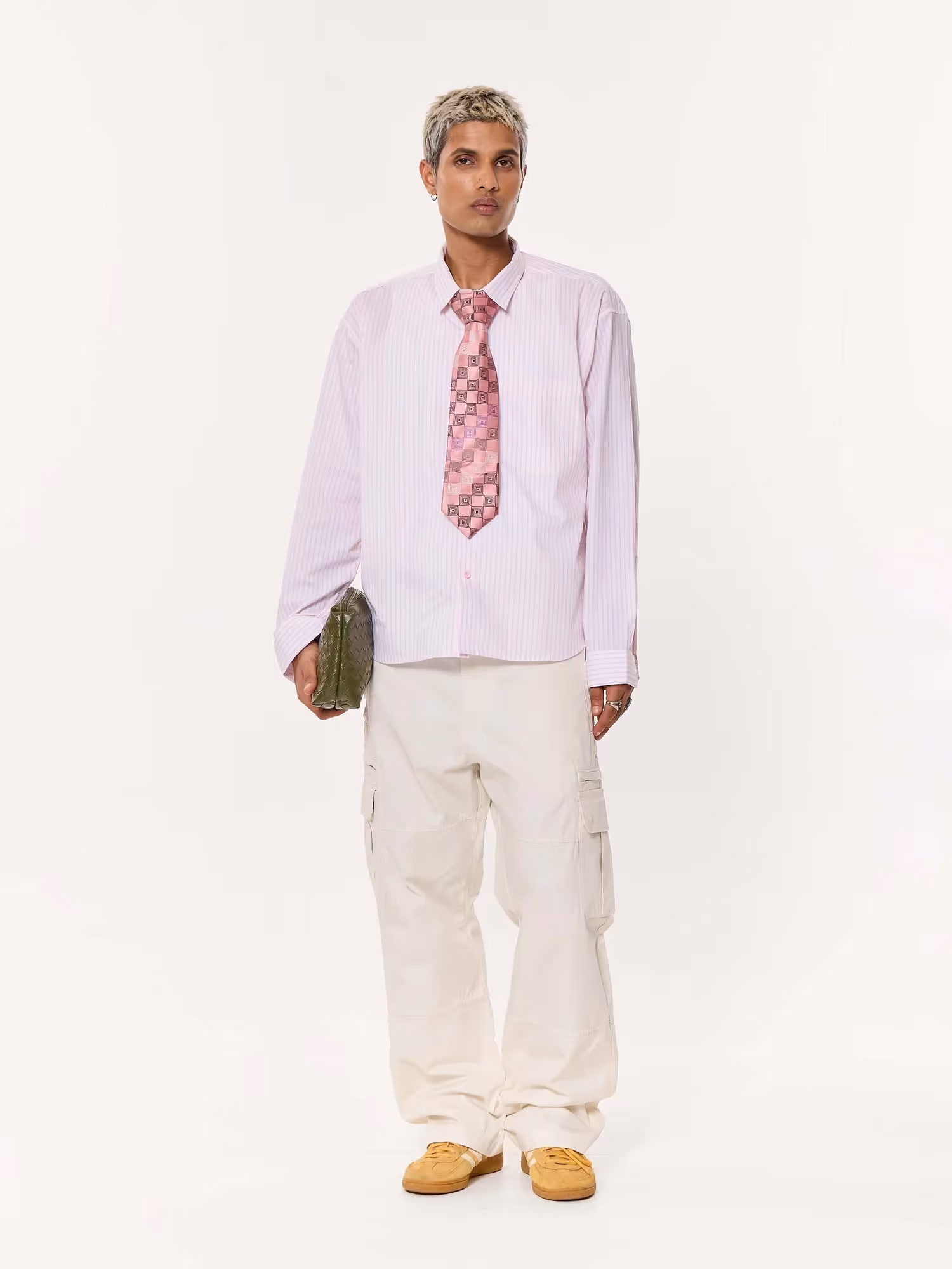 Light Pink Pinstriped Oversized Cropped Shirt image 1