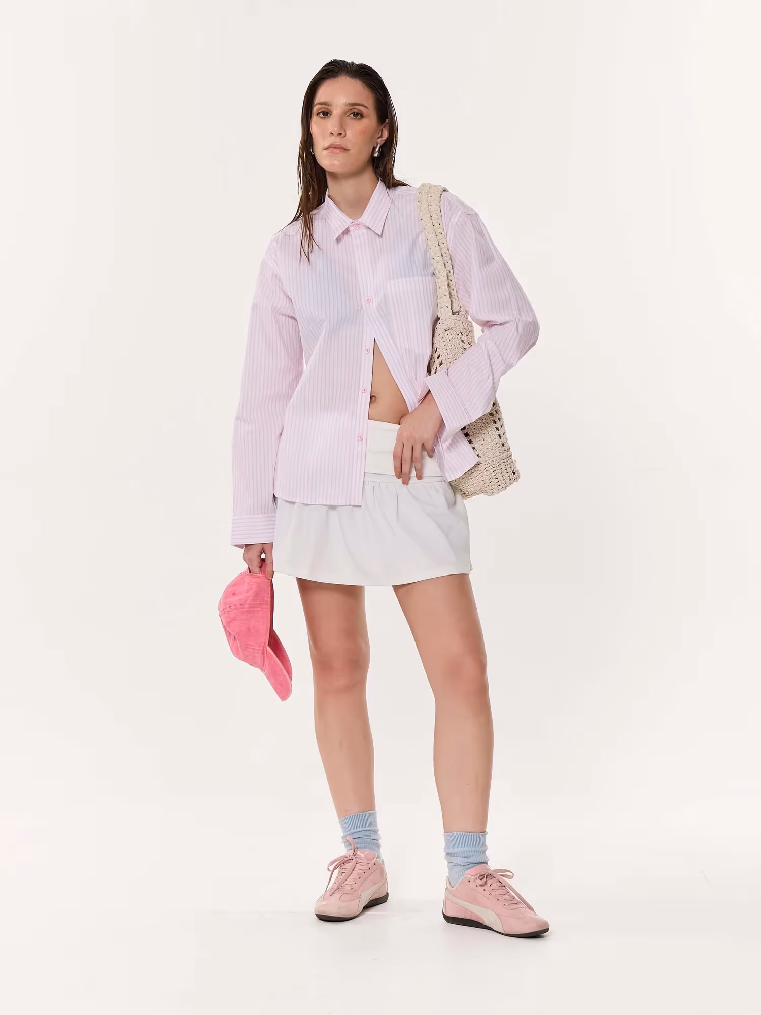 Light Pink Pinstriped Oversized Cropped Shirt image 2