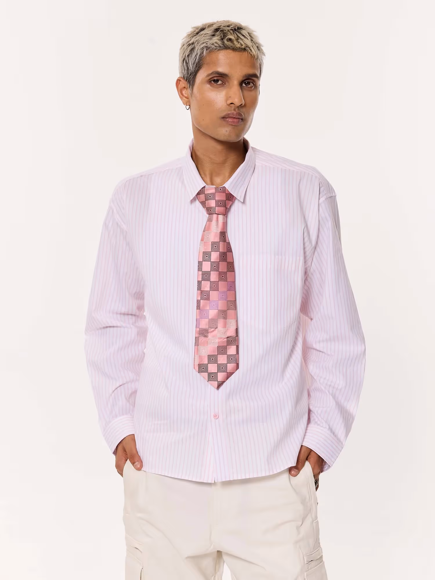Light Pink Pinstriped Oversized Cropped Shirt image 3