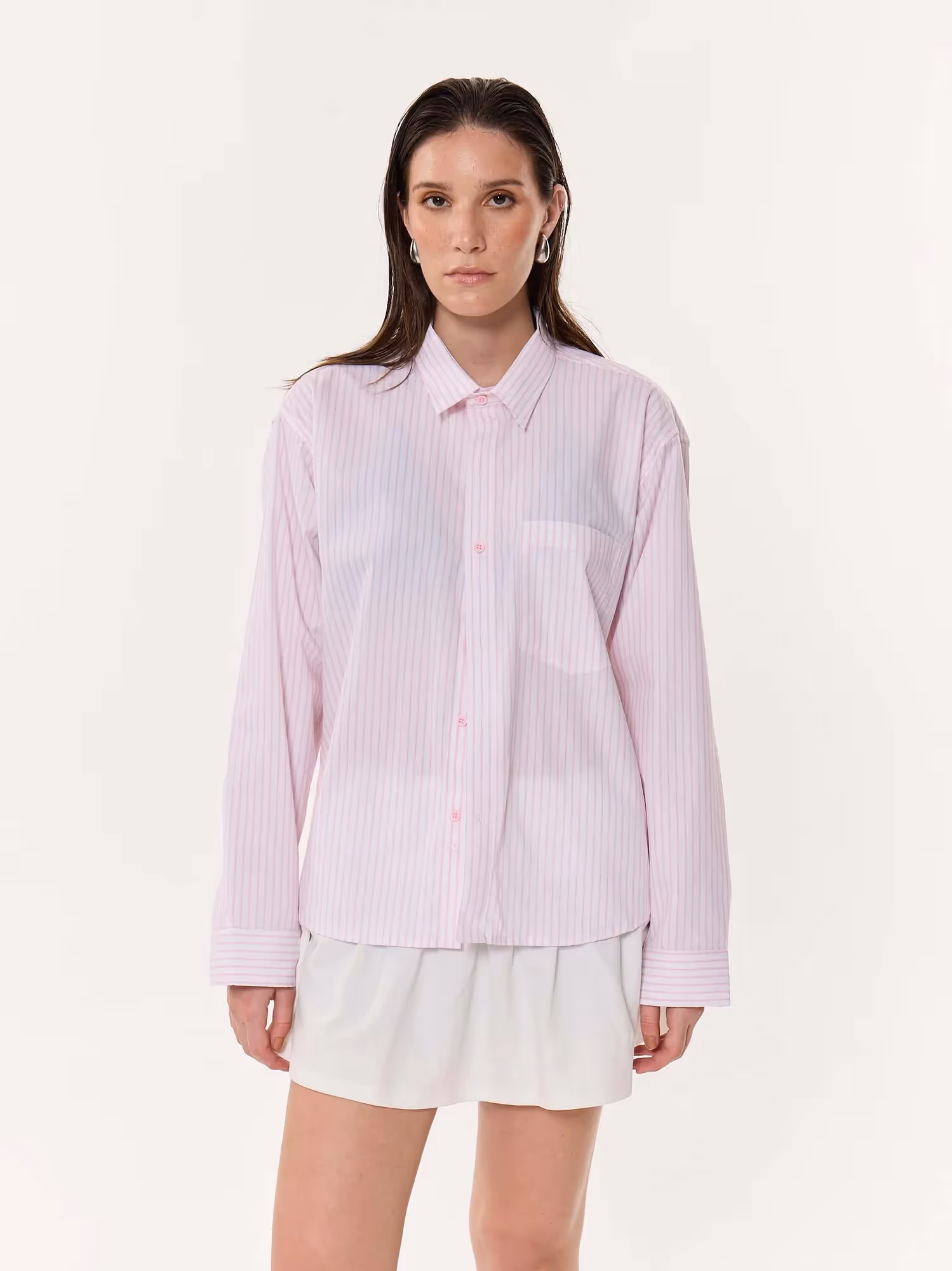 Light Pink Pinstriped Oversized Cropped Shirt image 4