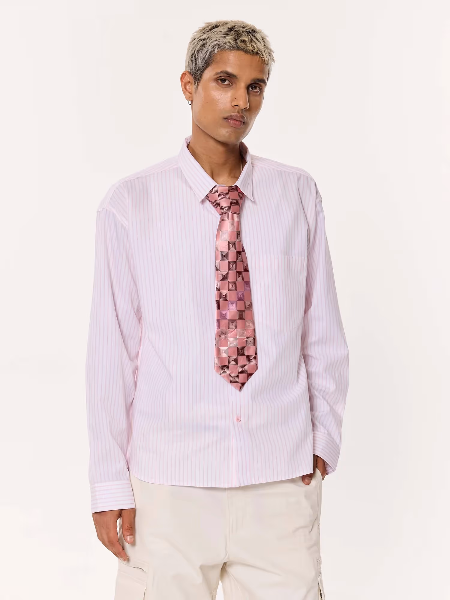 Light Pink Pinstriped Oversized Cropped Shirt image 5