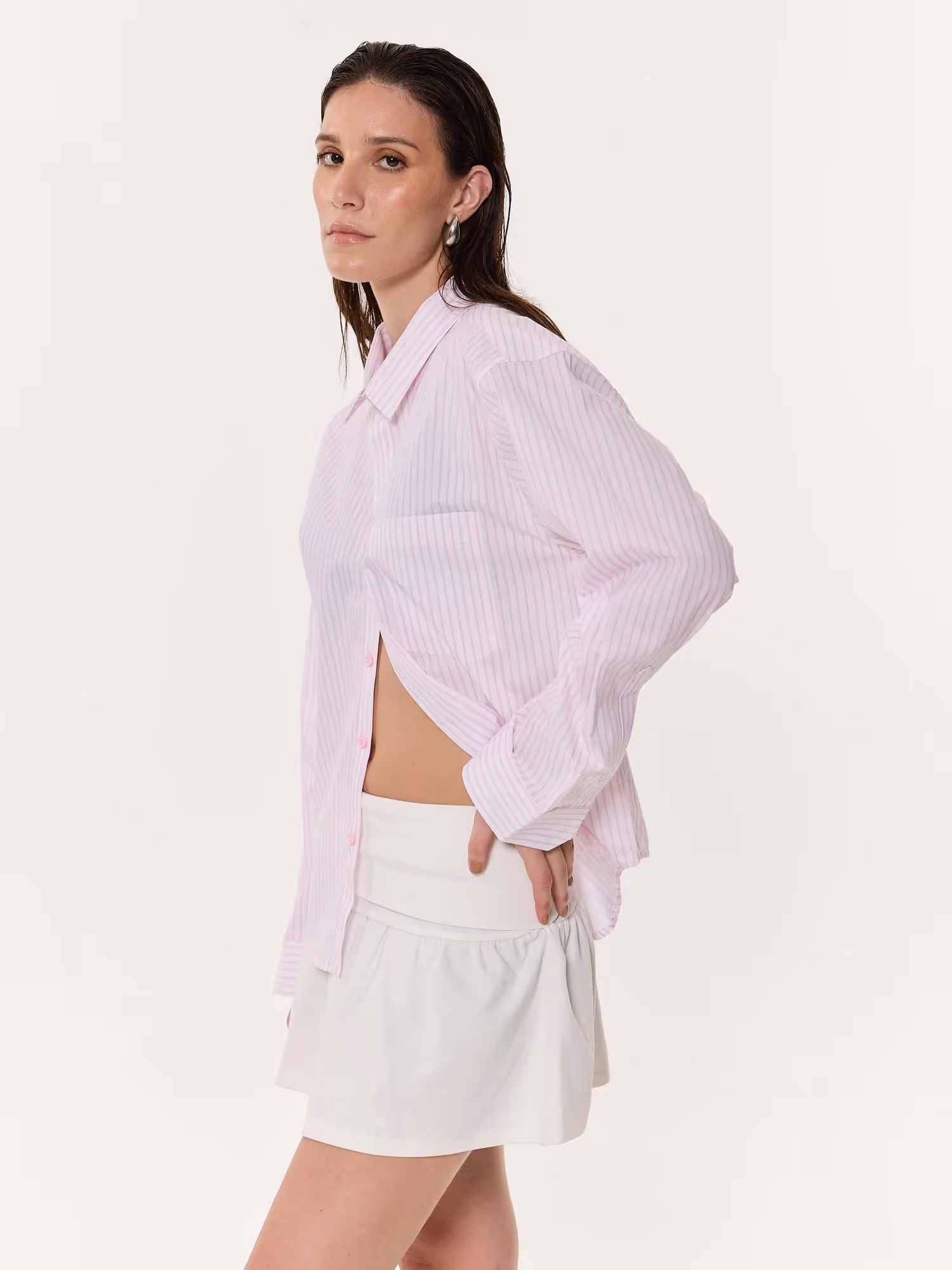 Light Pink Pinstriped Oversized Cropped Shirt image 6