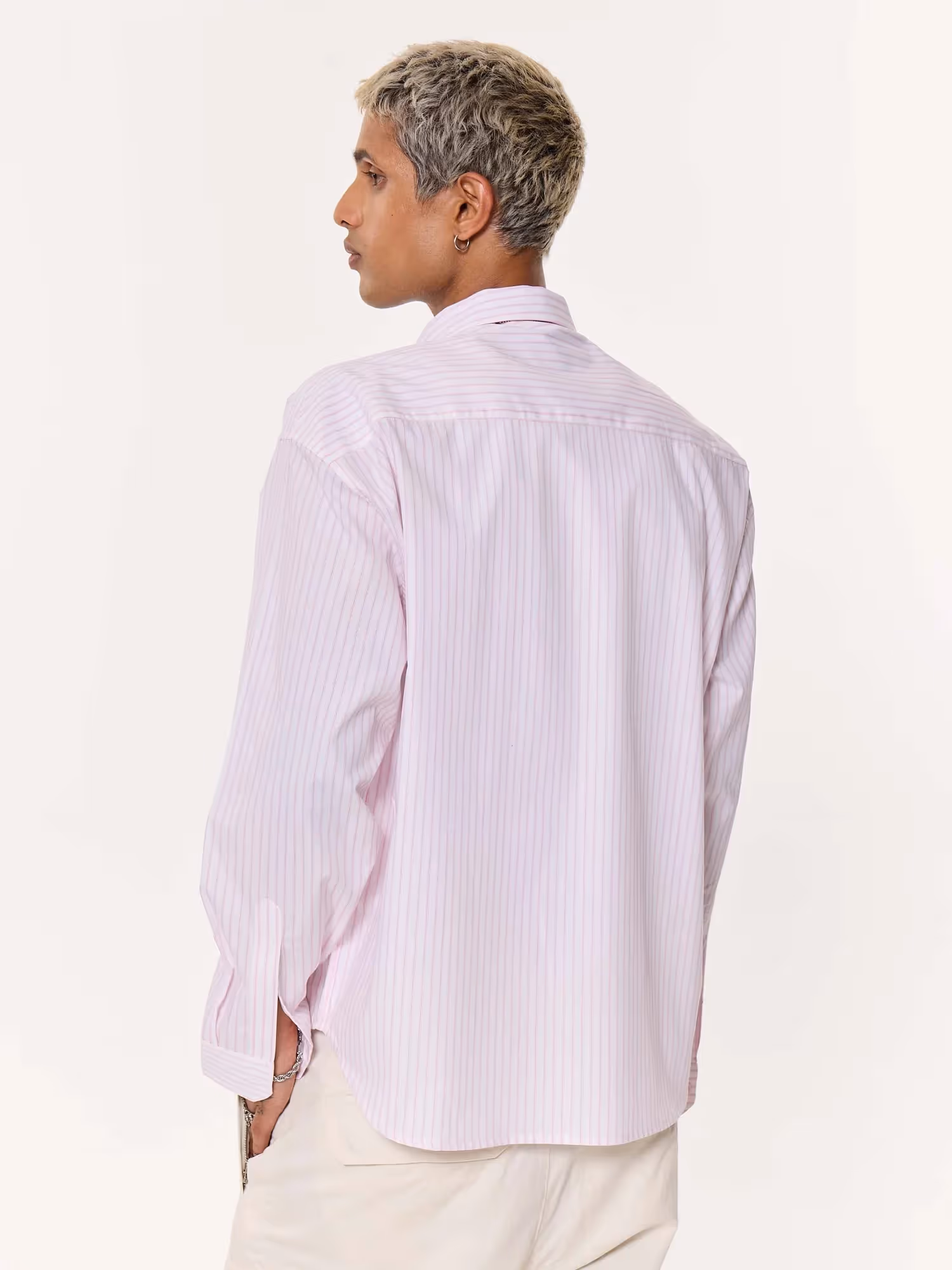 Light Pink Pinstriped Oversized Cropped Shirt image 7