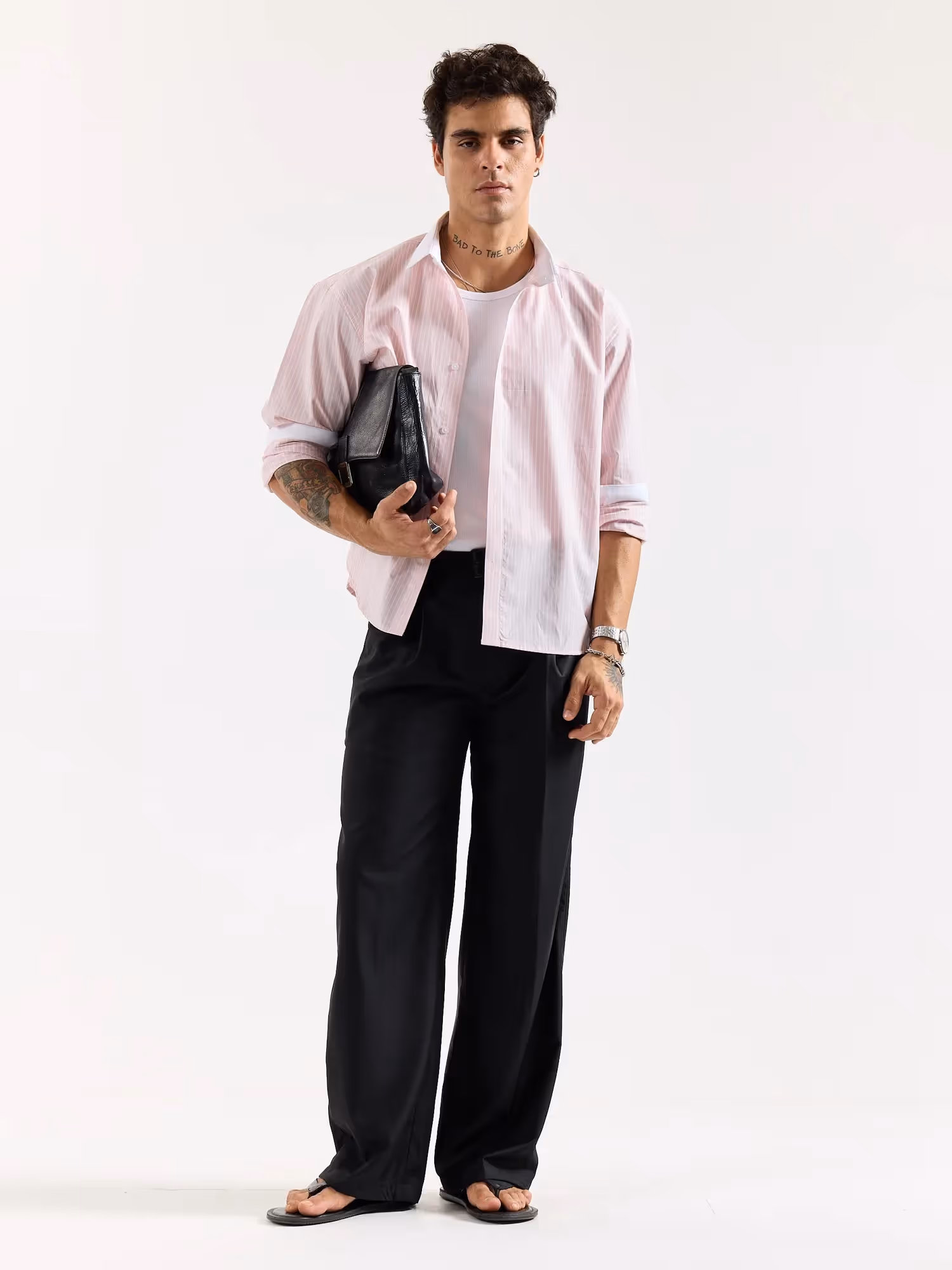 Light Pink Striped Contrast Collar Oversized Shirt image 1