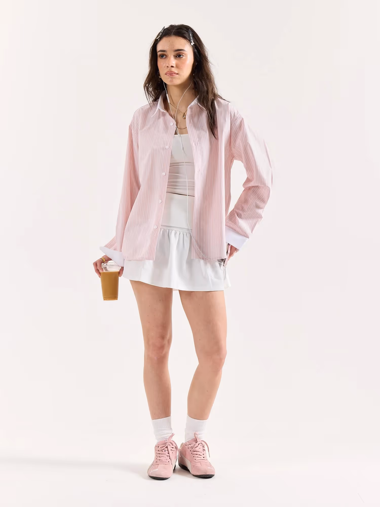 Light Pink Striped Contrast Collar Oversized Shirt image 2