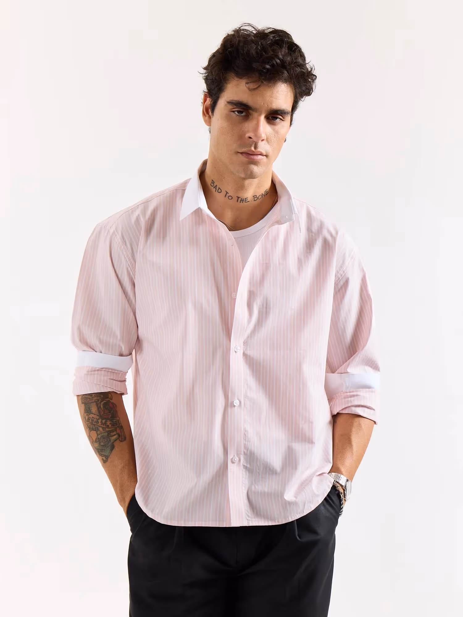 Light Pink Striped Contrast Collar Oversized Shirt image 3