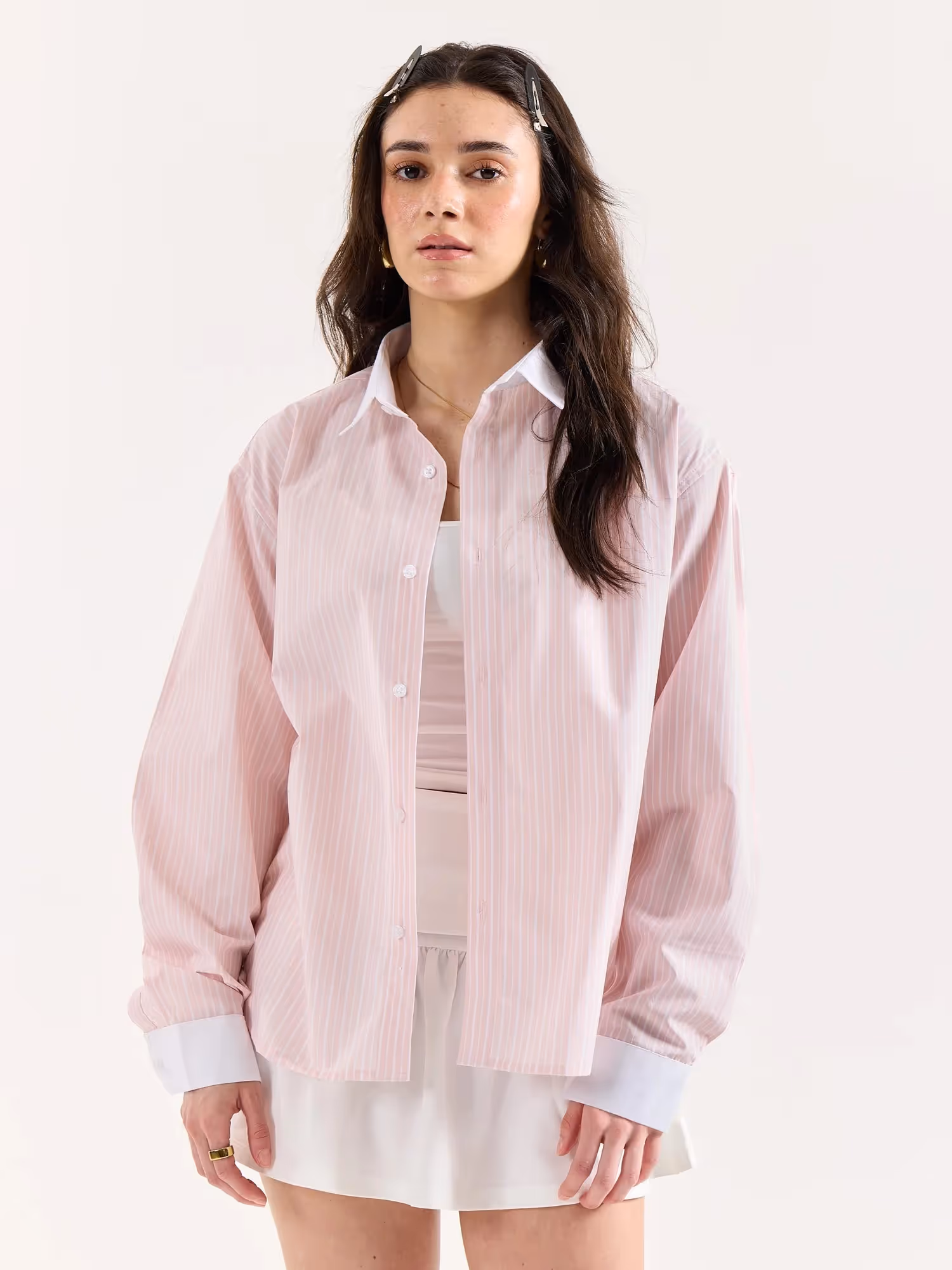 Light Pink Striped Contrast Collar Oversized Shirt image 4