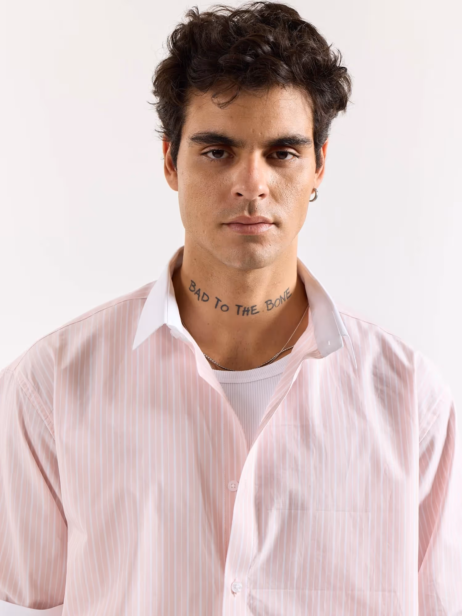 Light Pink Striped Contrast Collar Oversized Shirt image 5