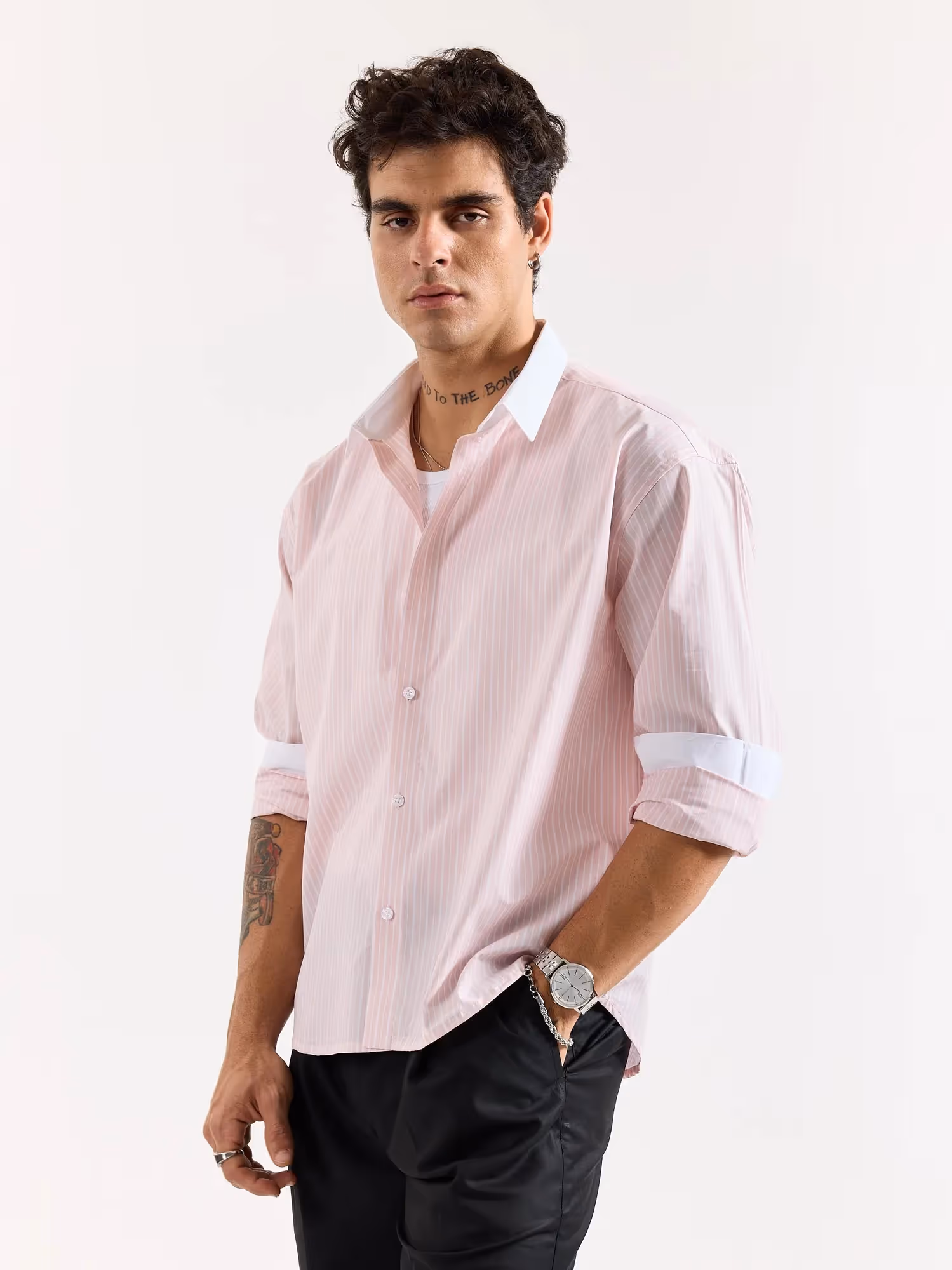 Light Pink Striped Contrast Collar Oversized Shirt image 6