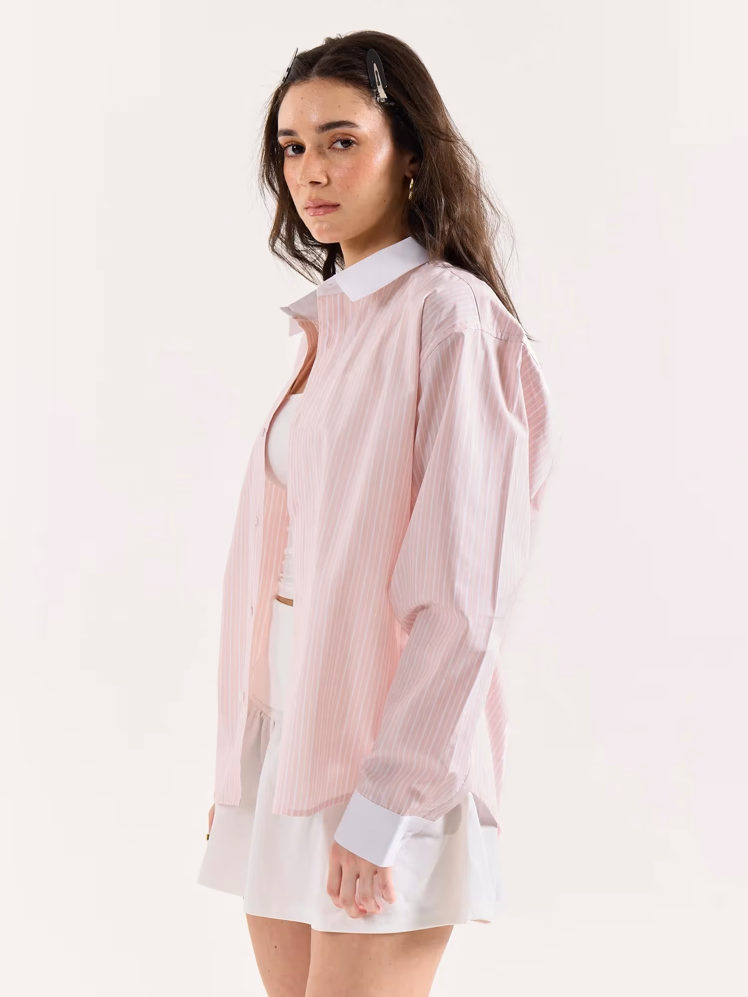 Light Pink Striped Contrast Collar Oversized Shirt image 7