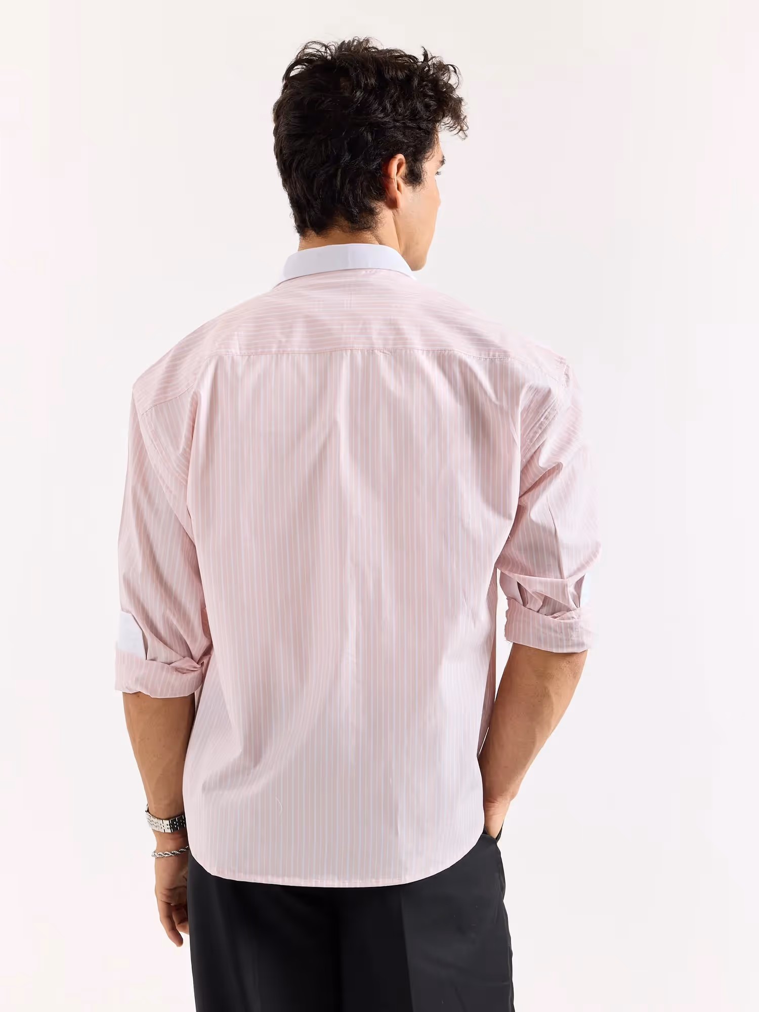 Light Pink Striped Contrast Collar Oversized Shirt image 8