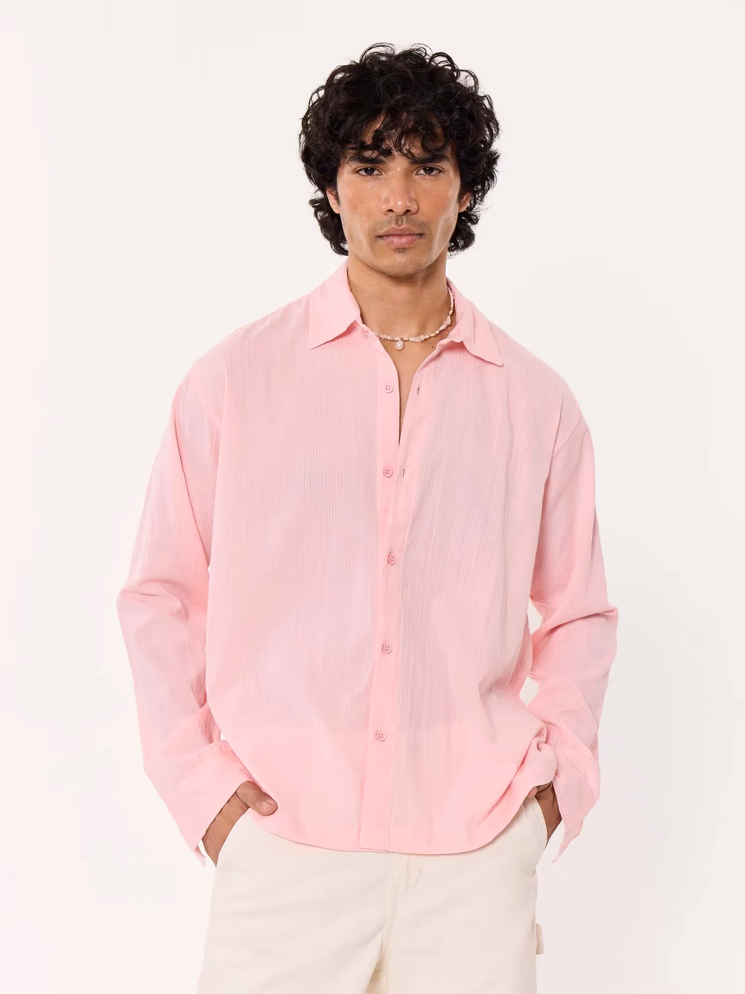 Light Pink Textured Cropped Shirt image 3