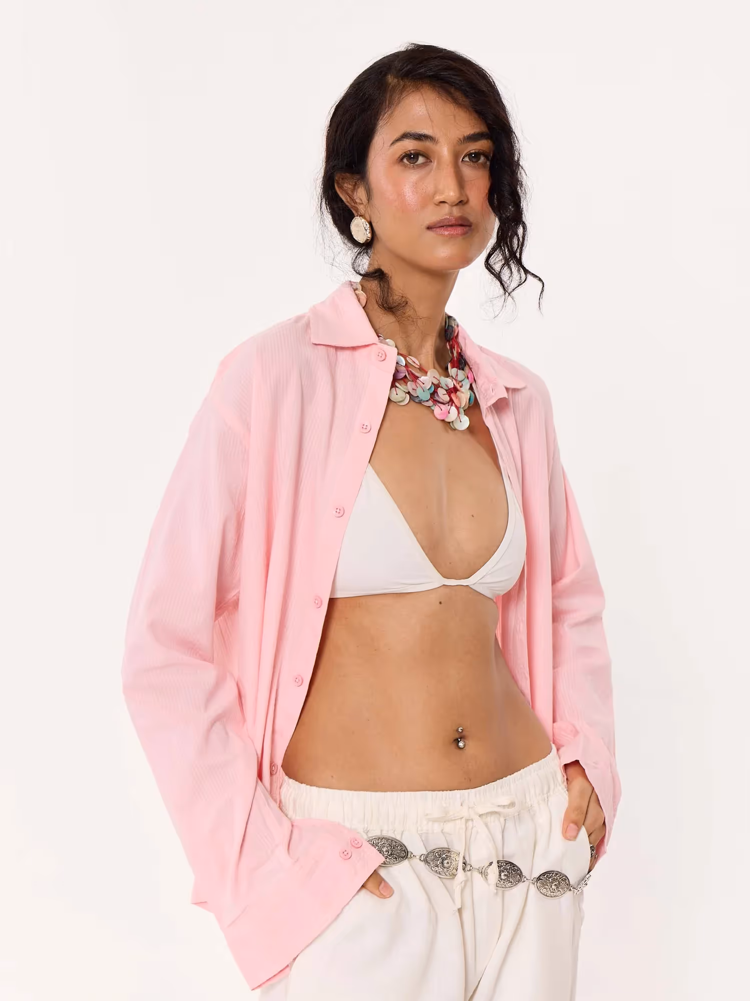 Light Pink Textured Cropped Shirt image 4