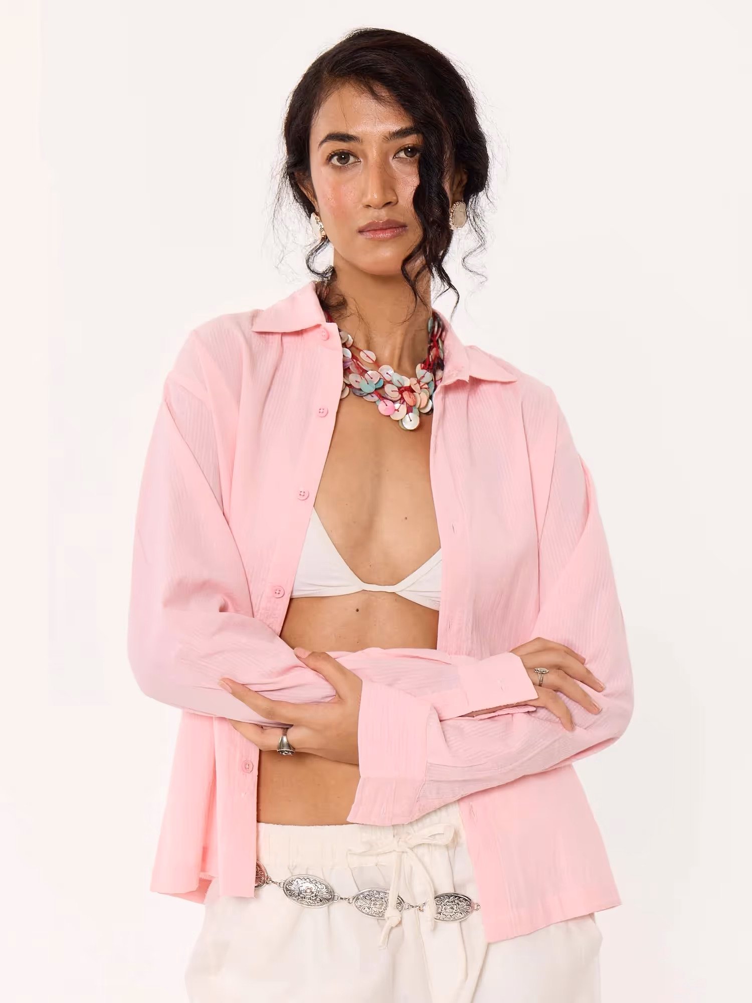 Light Pink Textured Cropped Shirt image 6