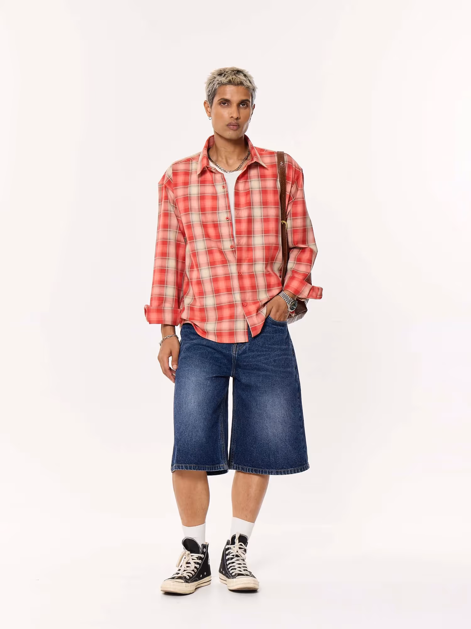 Light-Washed Red Oversized Cropped Shirt image 1