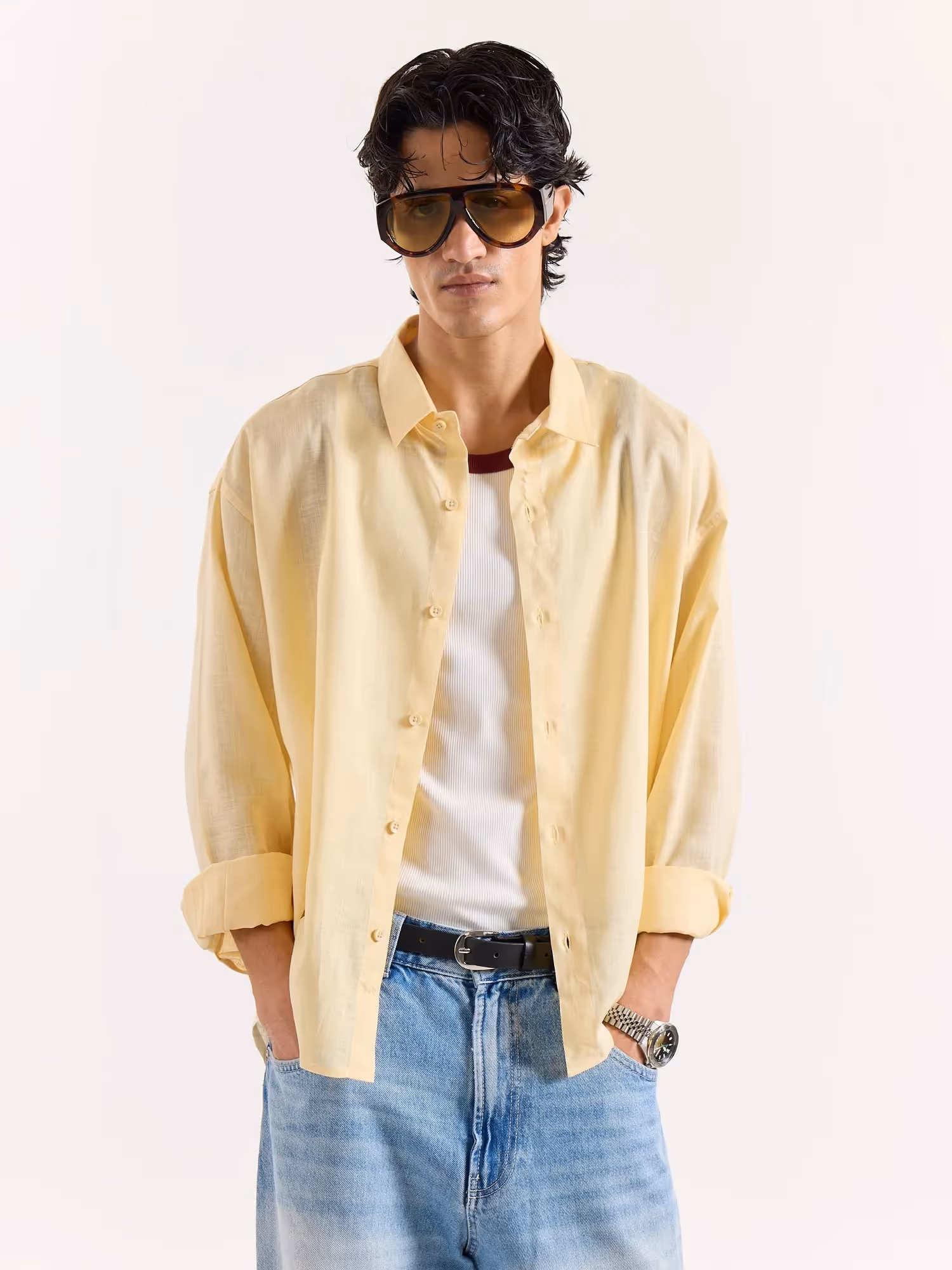 Light Yellow Linen Cropped Shirt image 2