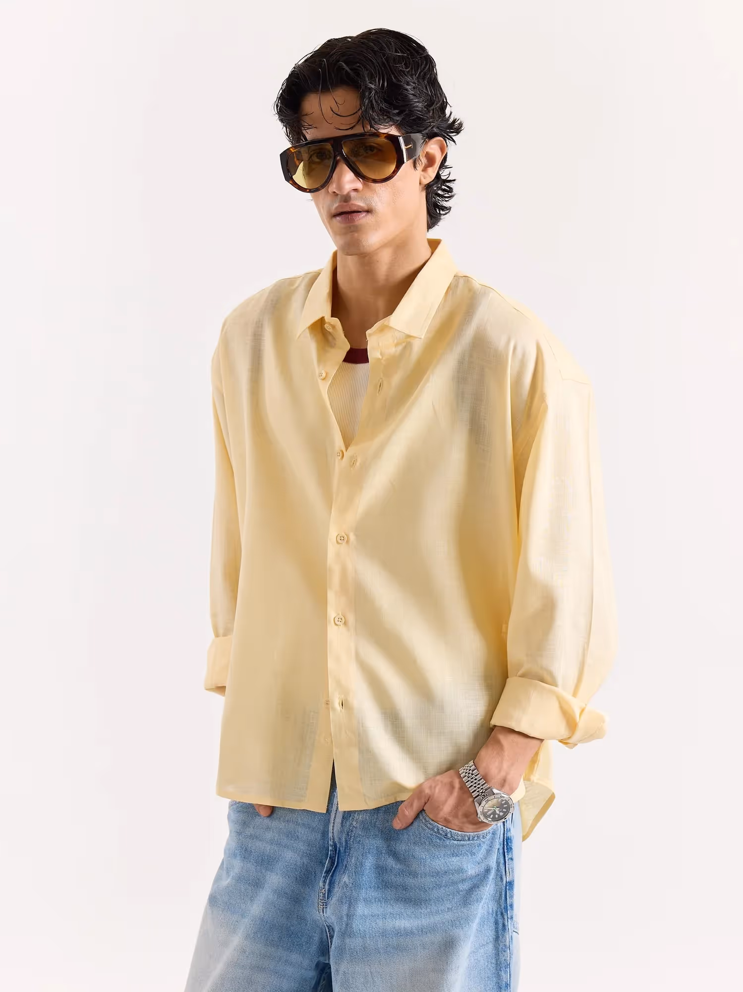 Light Yellow Linen Cropped Shirt image 3