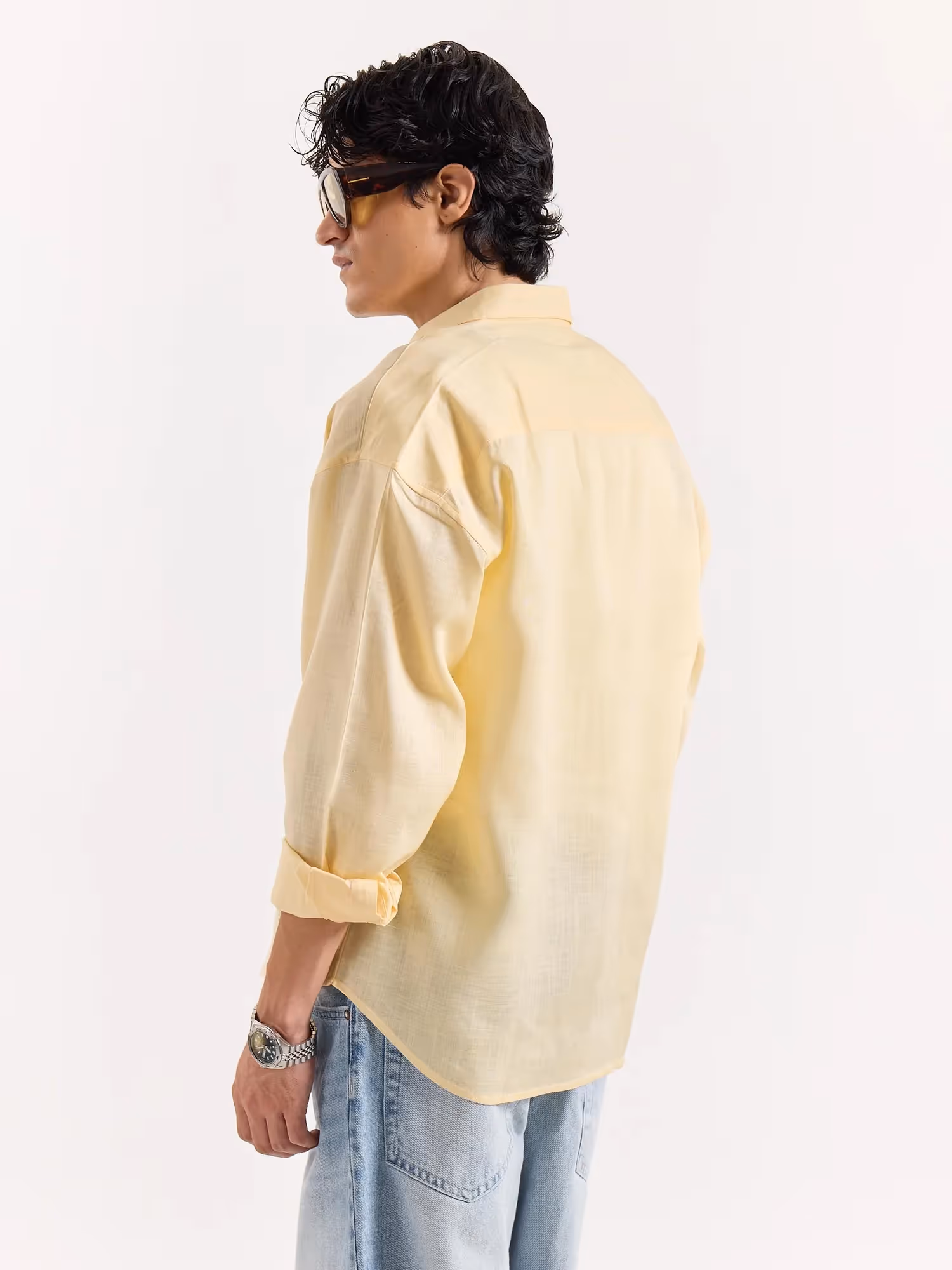 Light Yellow Linen Cropped Shirt image 4