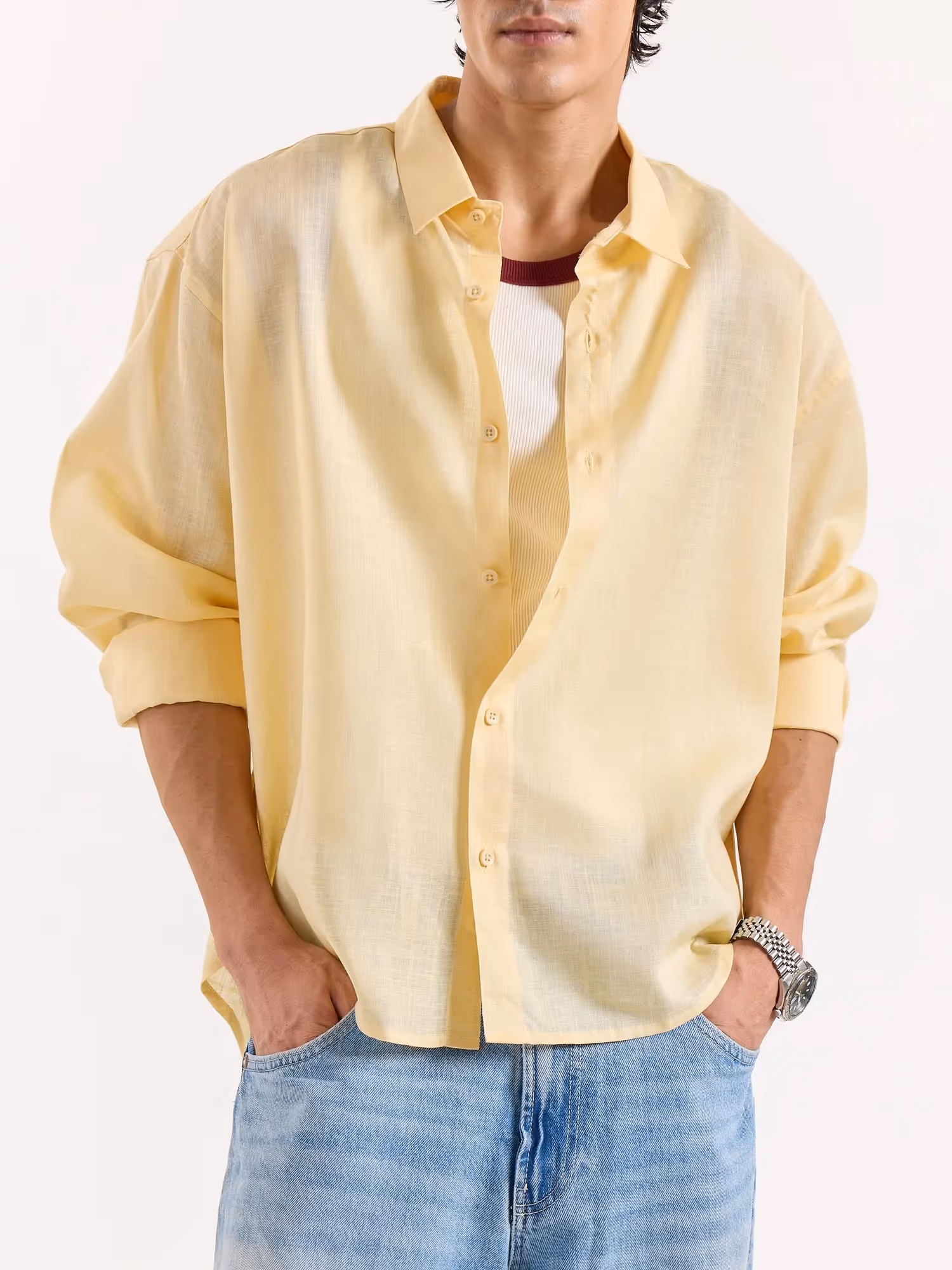 Light Yellow Linen Cropped Shirt image 5