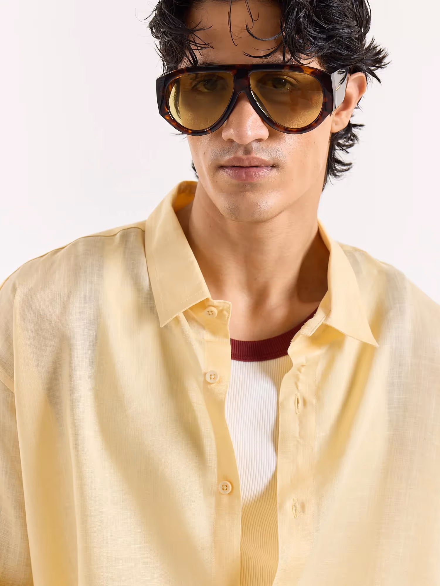 Light Yellow Linen Cropped Shirt image 6