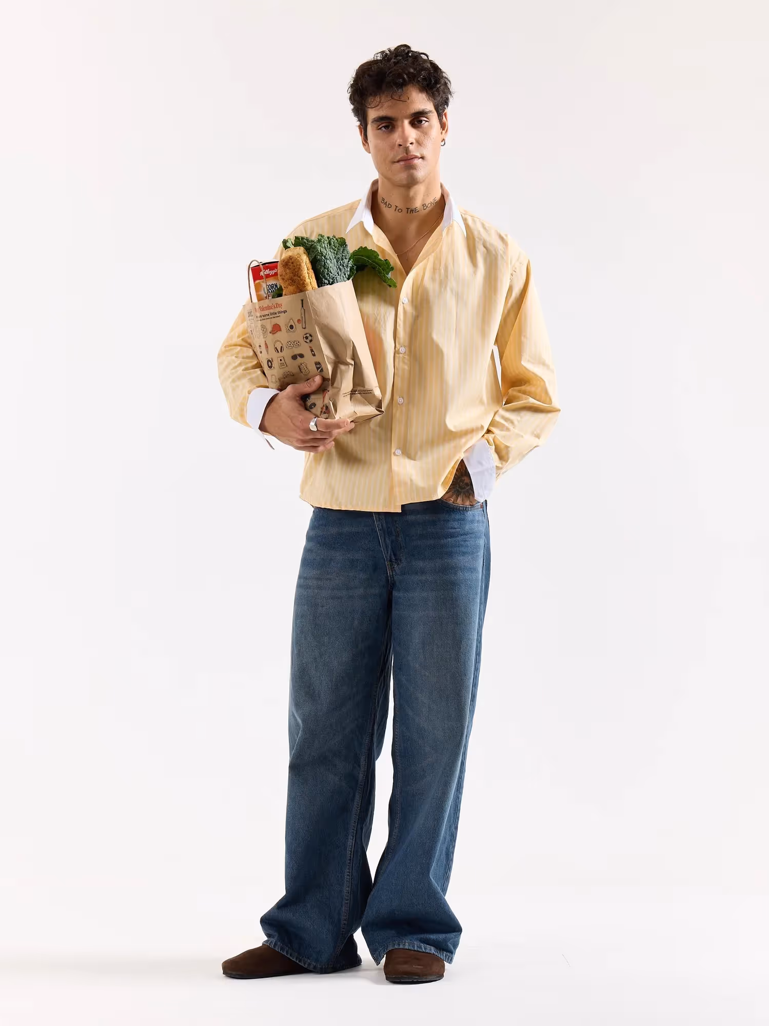 Light Yellow Striped Contrast Collar Oversized Shirt image 1