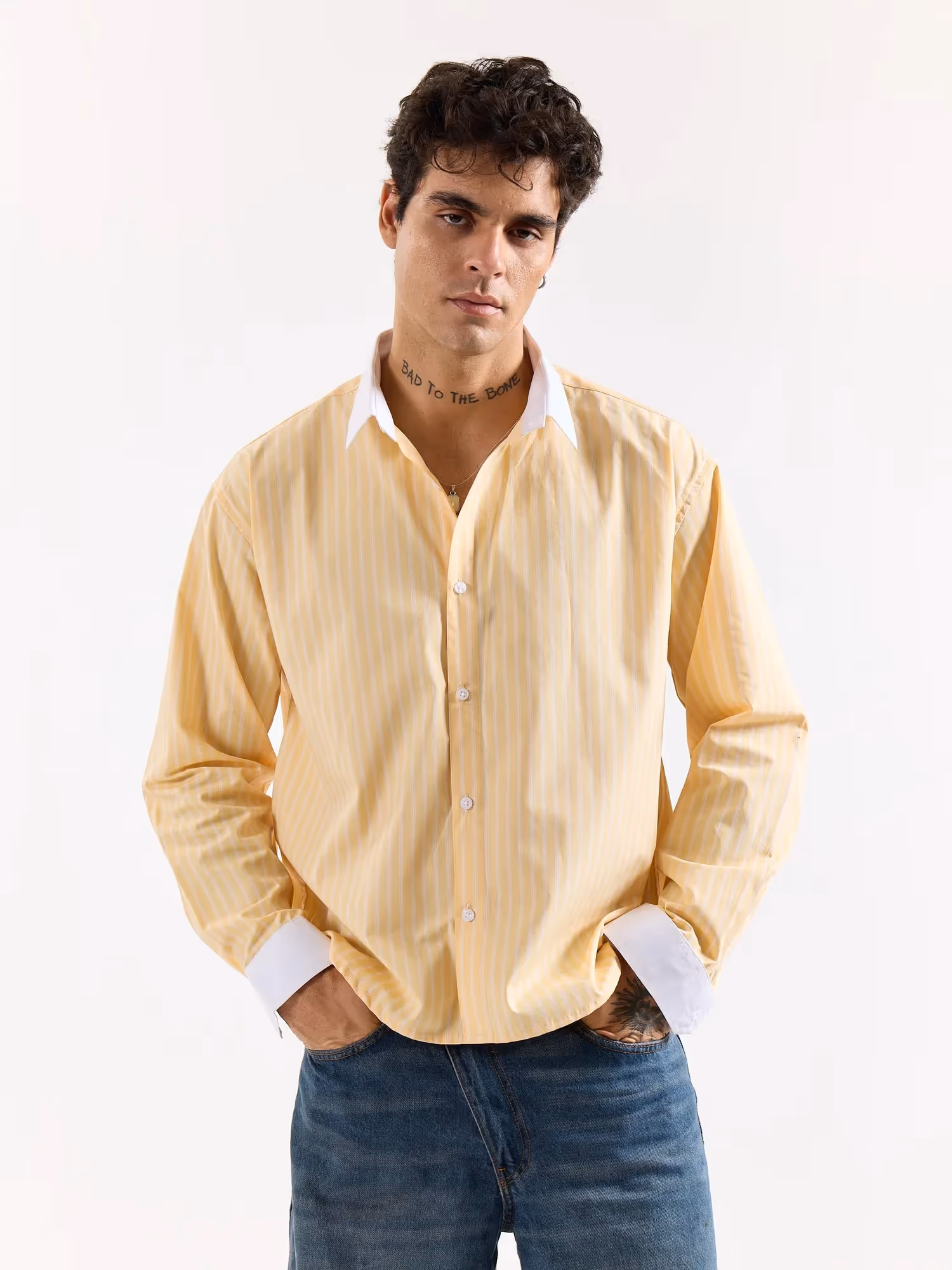 Light Yellow Striped Contrast Collar Oversized Shirt image 3