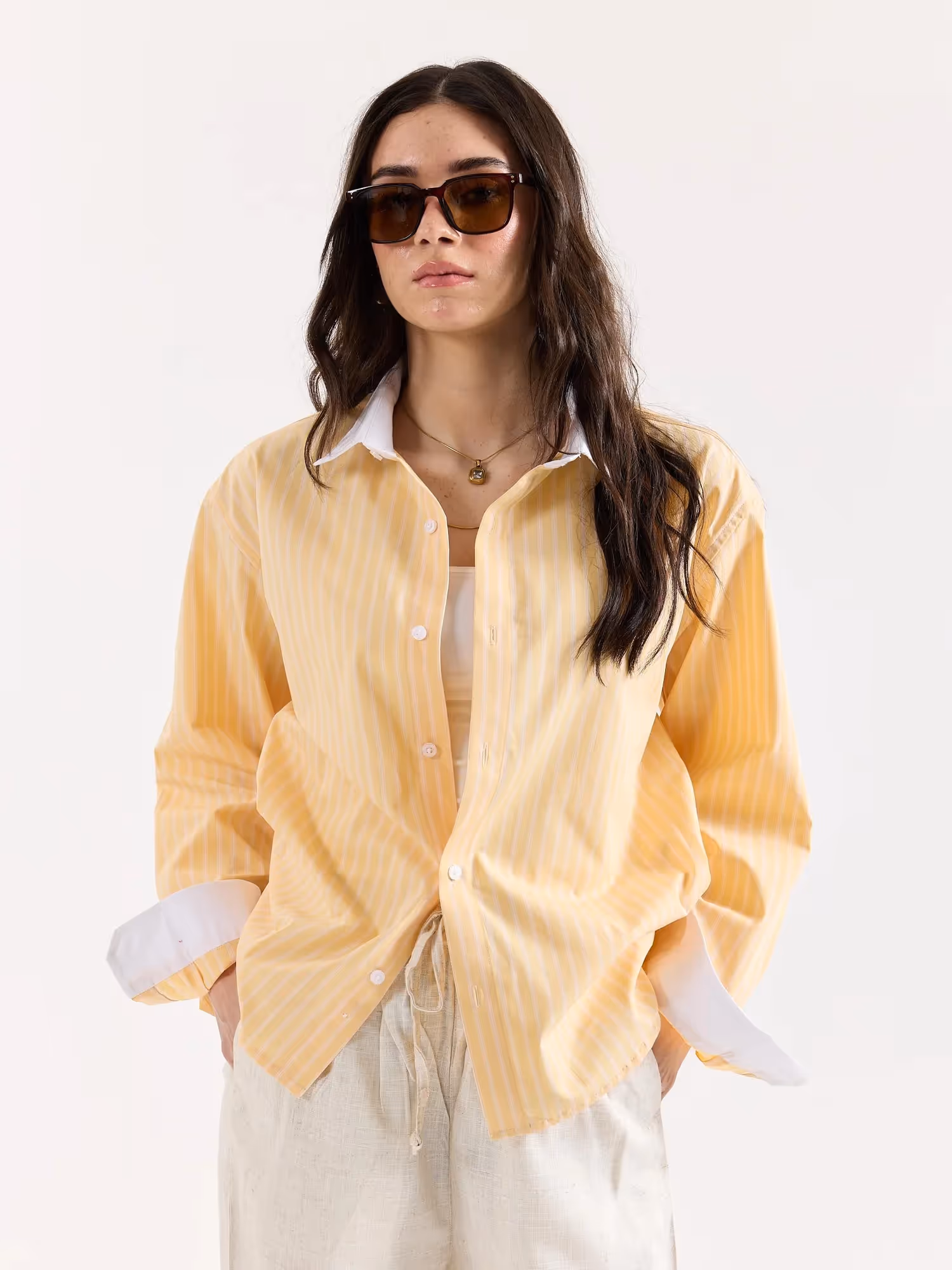 Light Yellow Striped Contrast Collar Oversized Shirt image 4