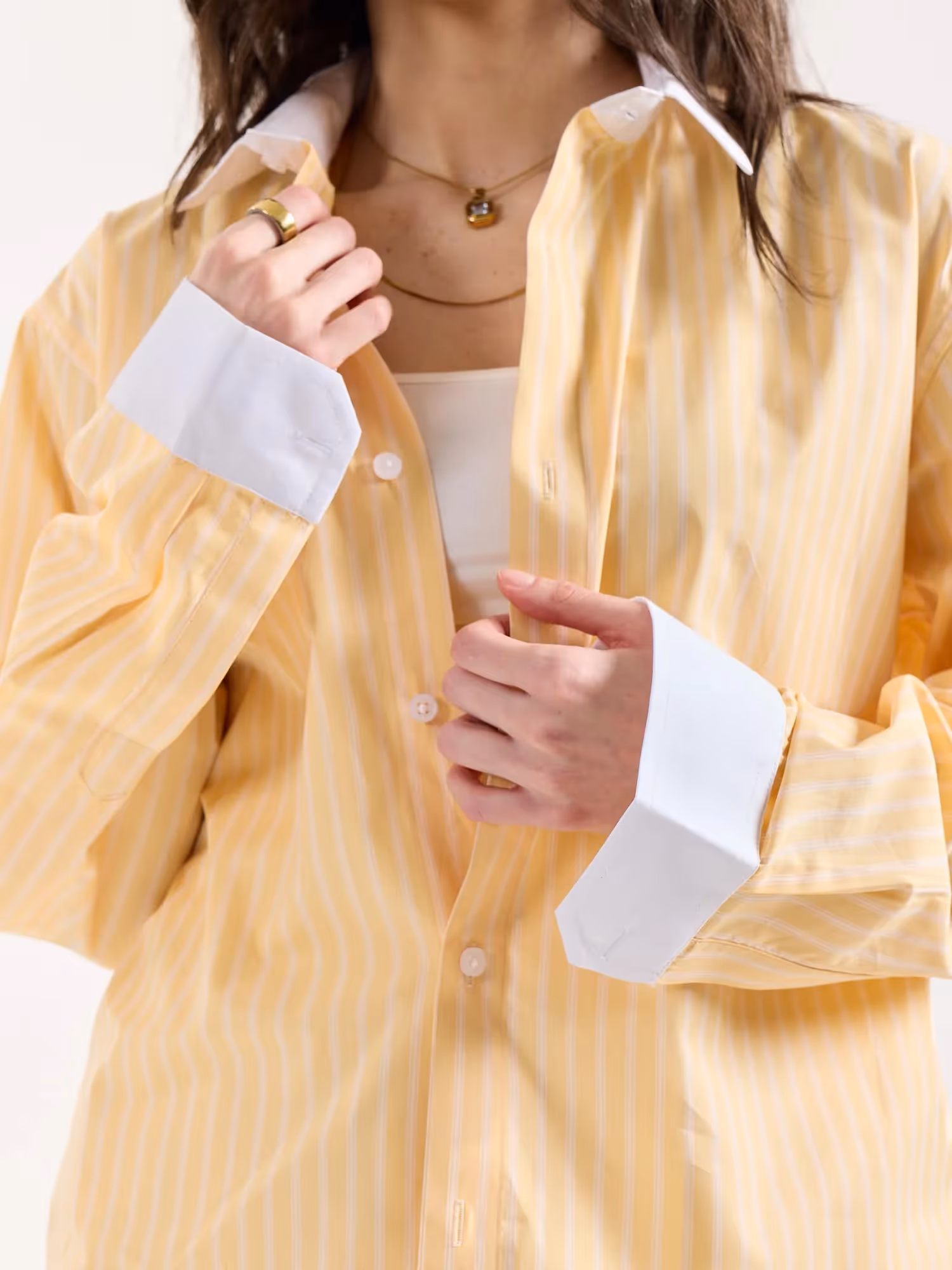 Light Yellow Striped Contrast Collar Oversized Shirt image 5