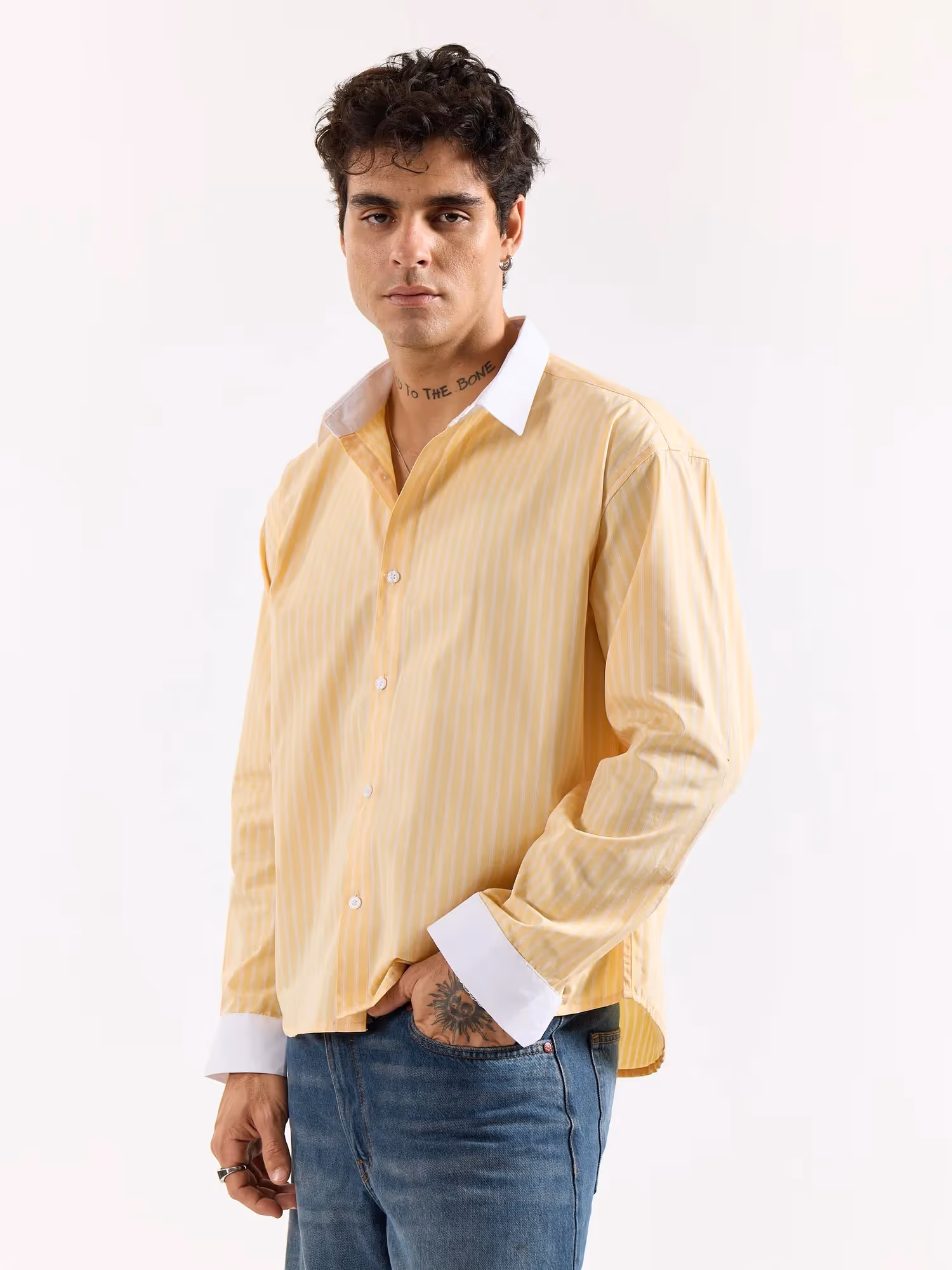 Light Yellow Striped Contrast Collar Oversized Shirt image 6