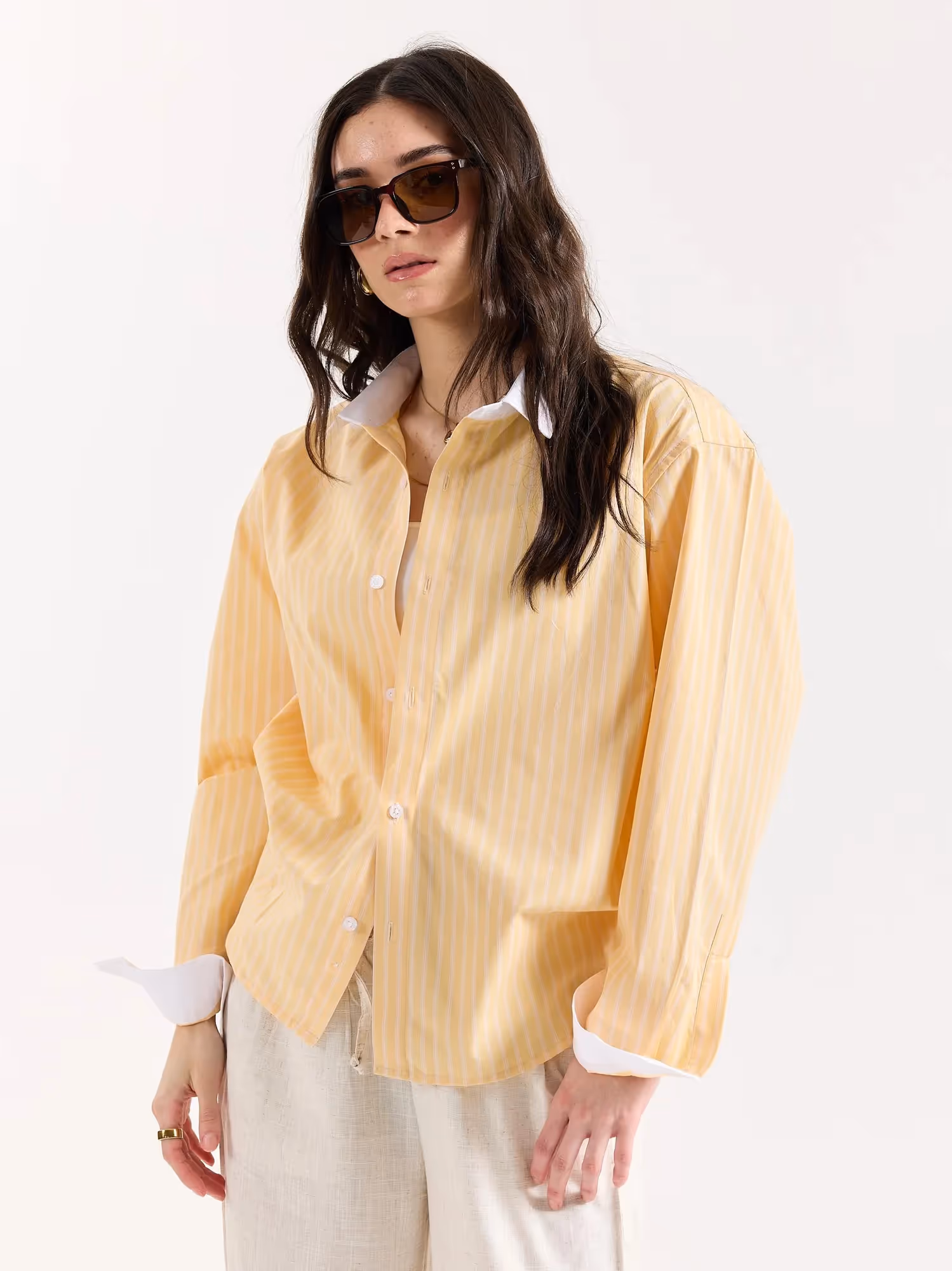 Light Yellow Striped Contrast Collar Oversized Shirt image 7