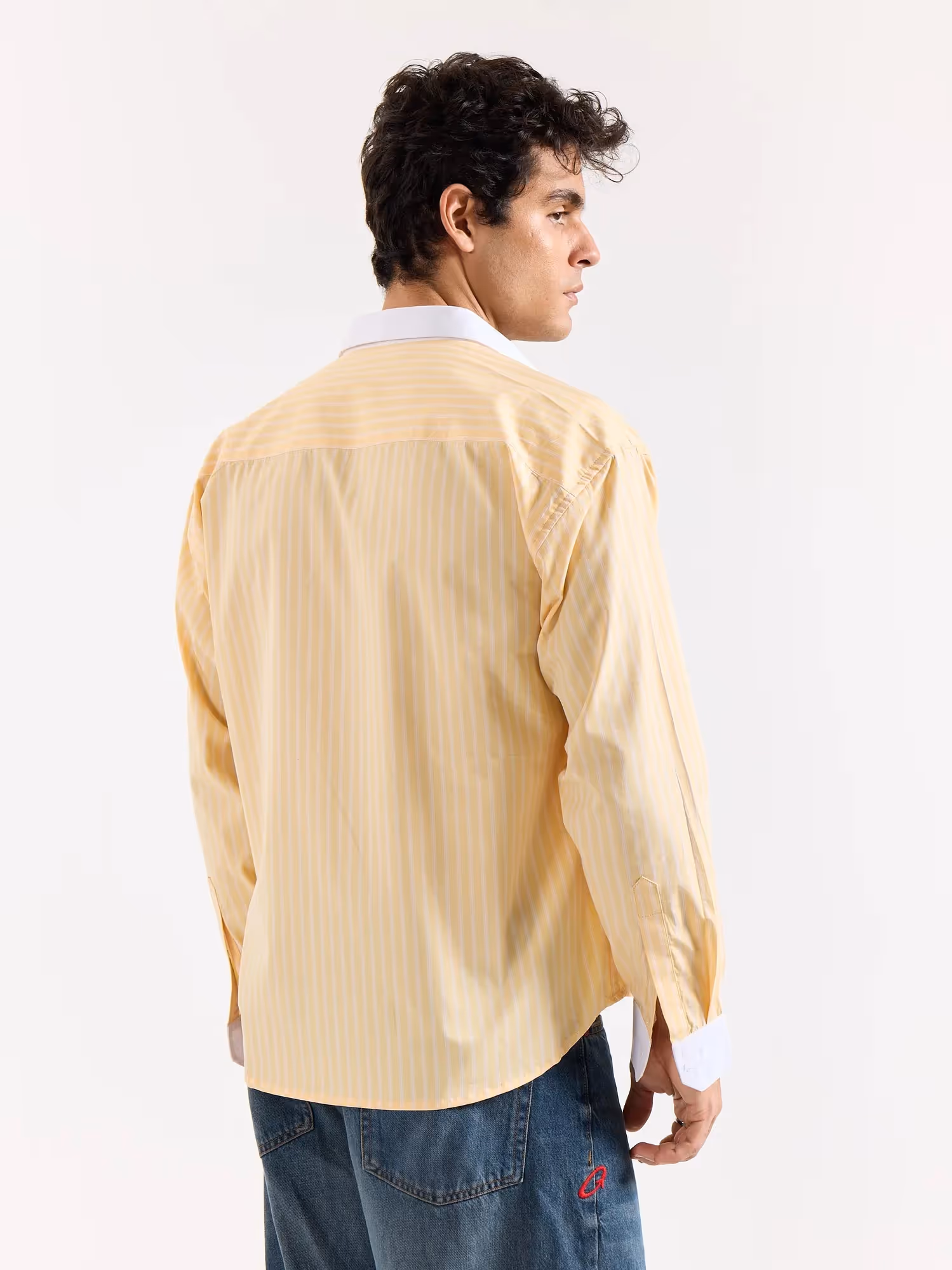 Light Yellow Striped Contrast Collar Oversized Shirt image 8