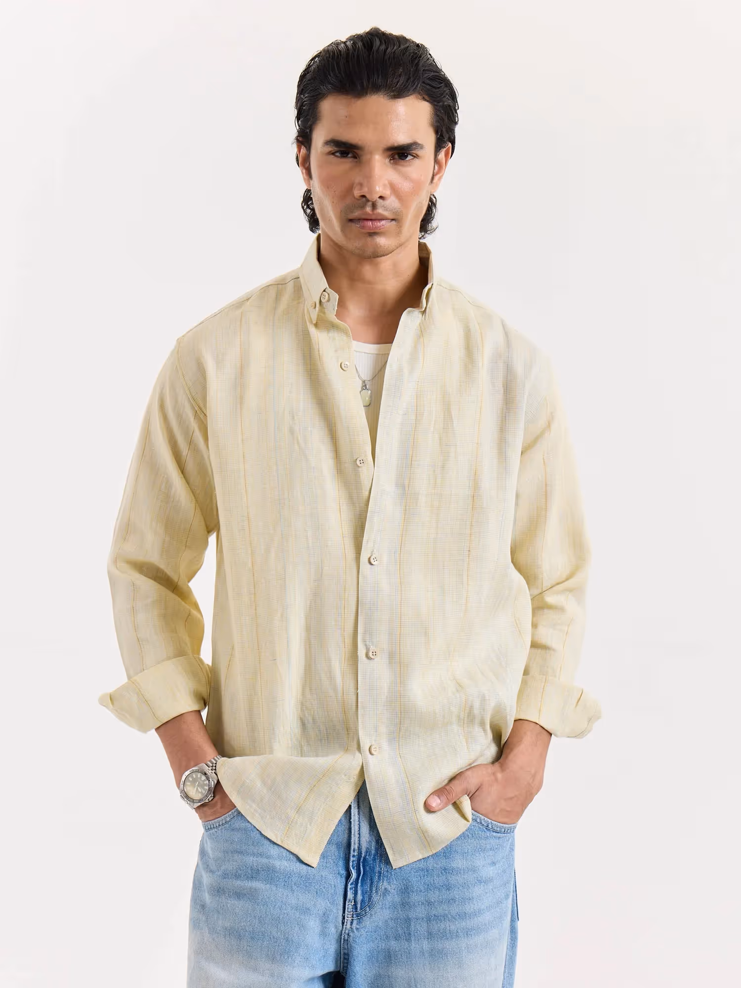 Light Yellow Textured Irish Linen Shirt image 3