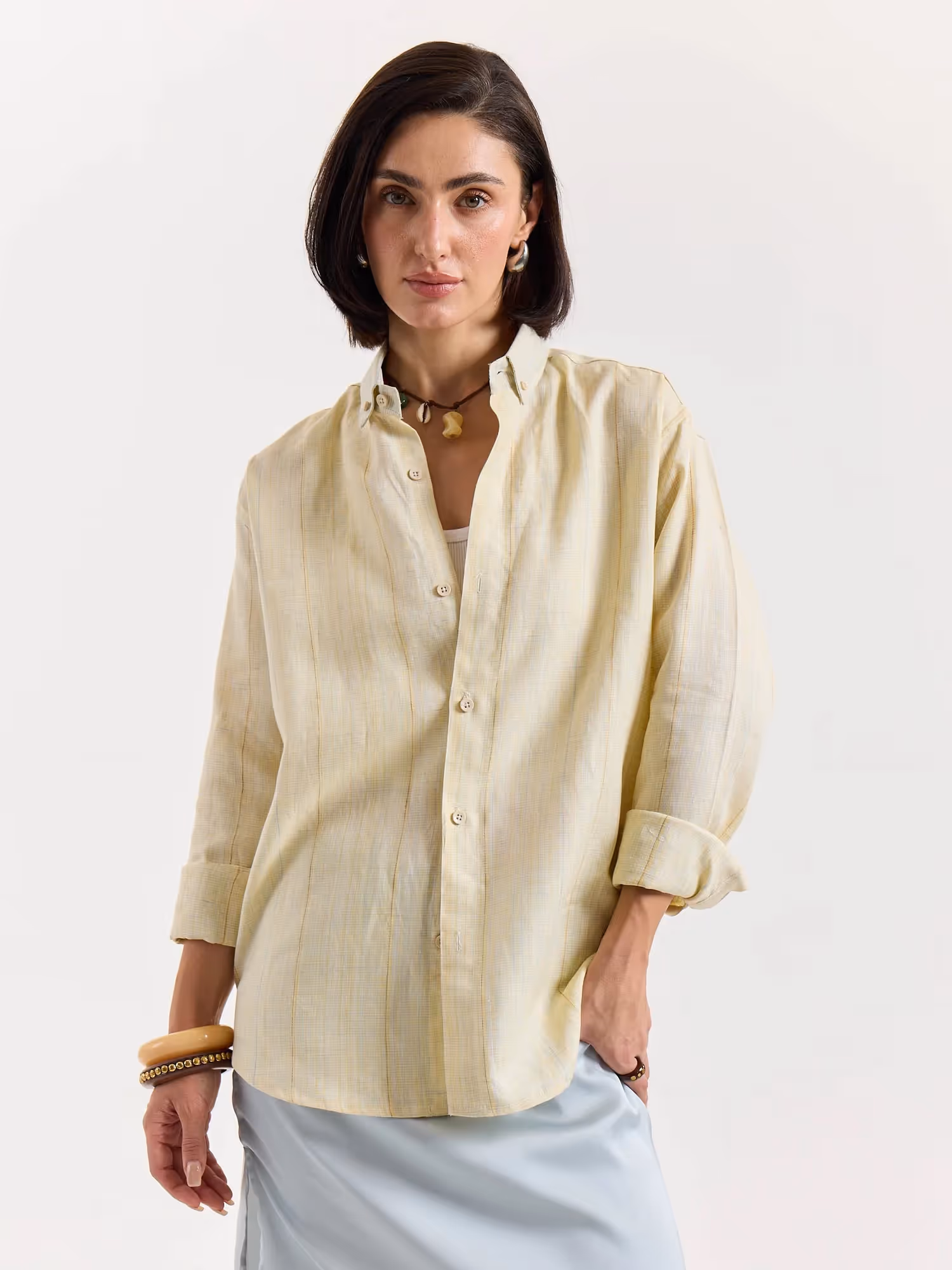 Light Yellow Textured Irish Linen Shirt image 4