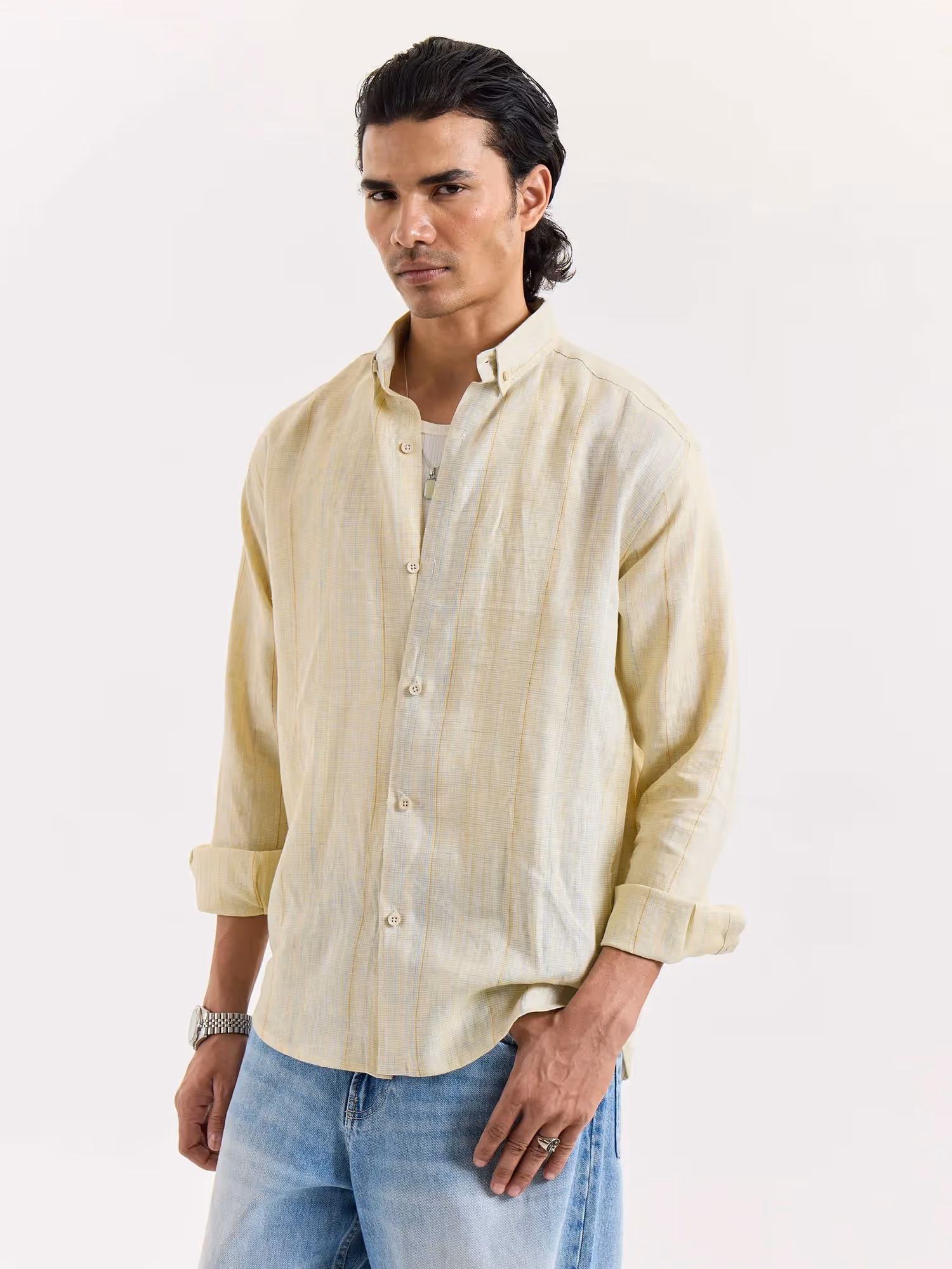 Light Yellow Textured Irish Linen Shirt image 5