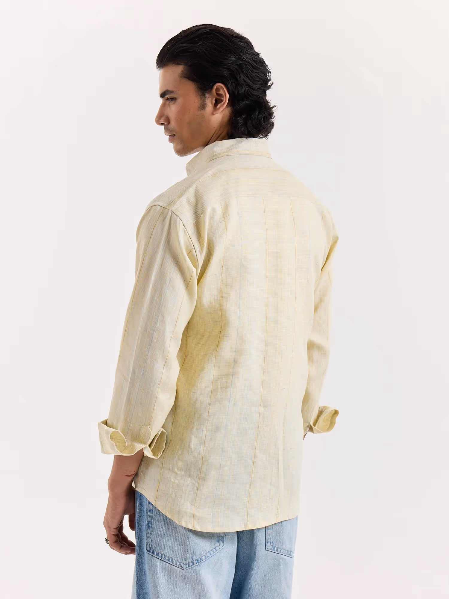 Light Yellow Textured Irish Linen Shirt image 6