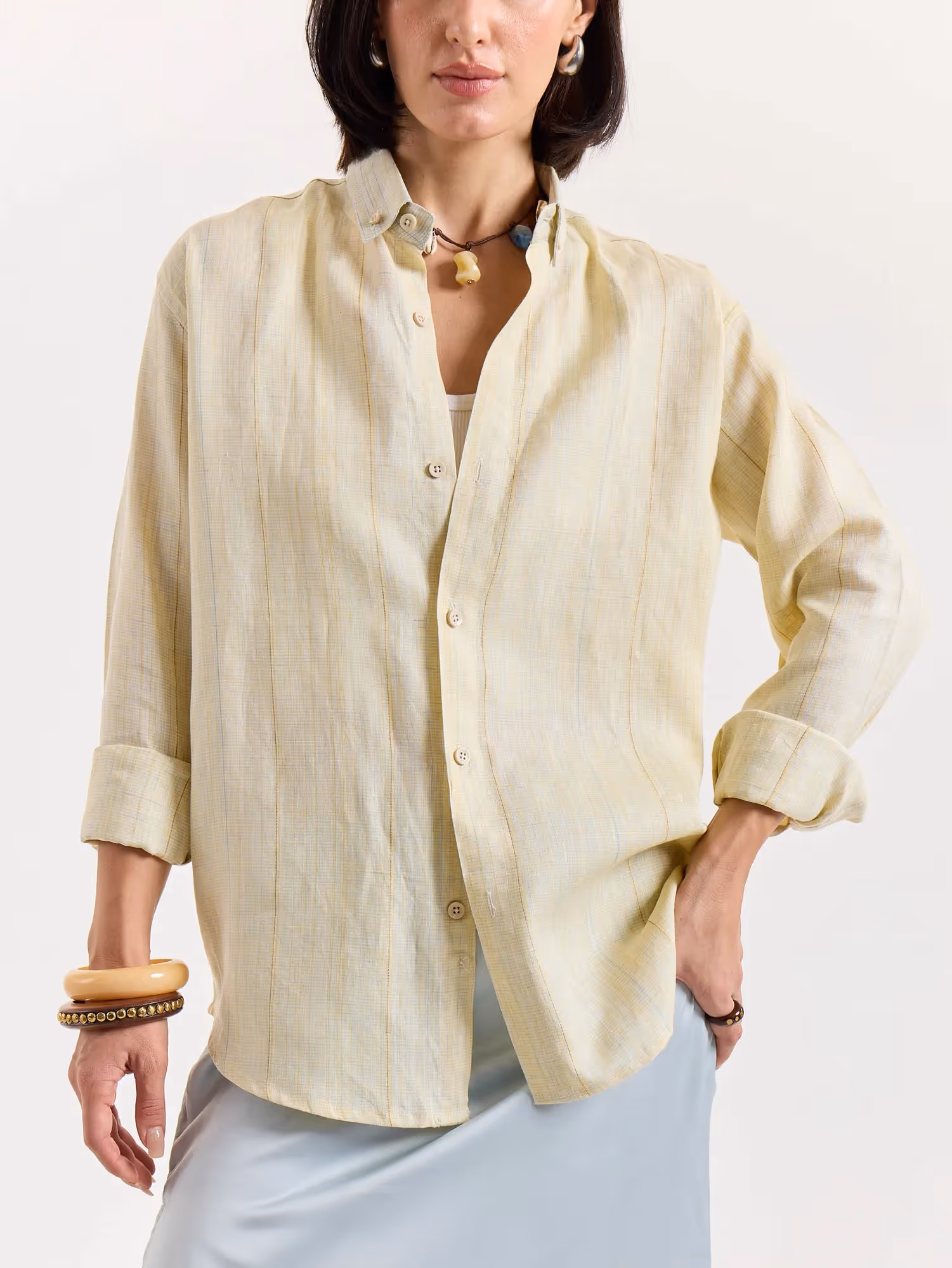 Light Yellow Textured Irish Linen Shirt image 7