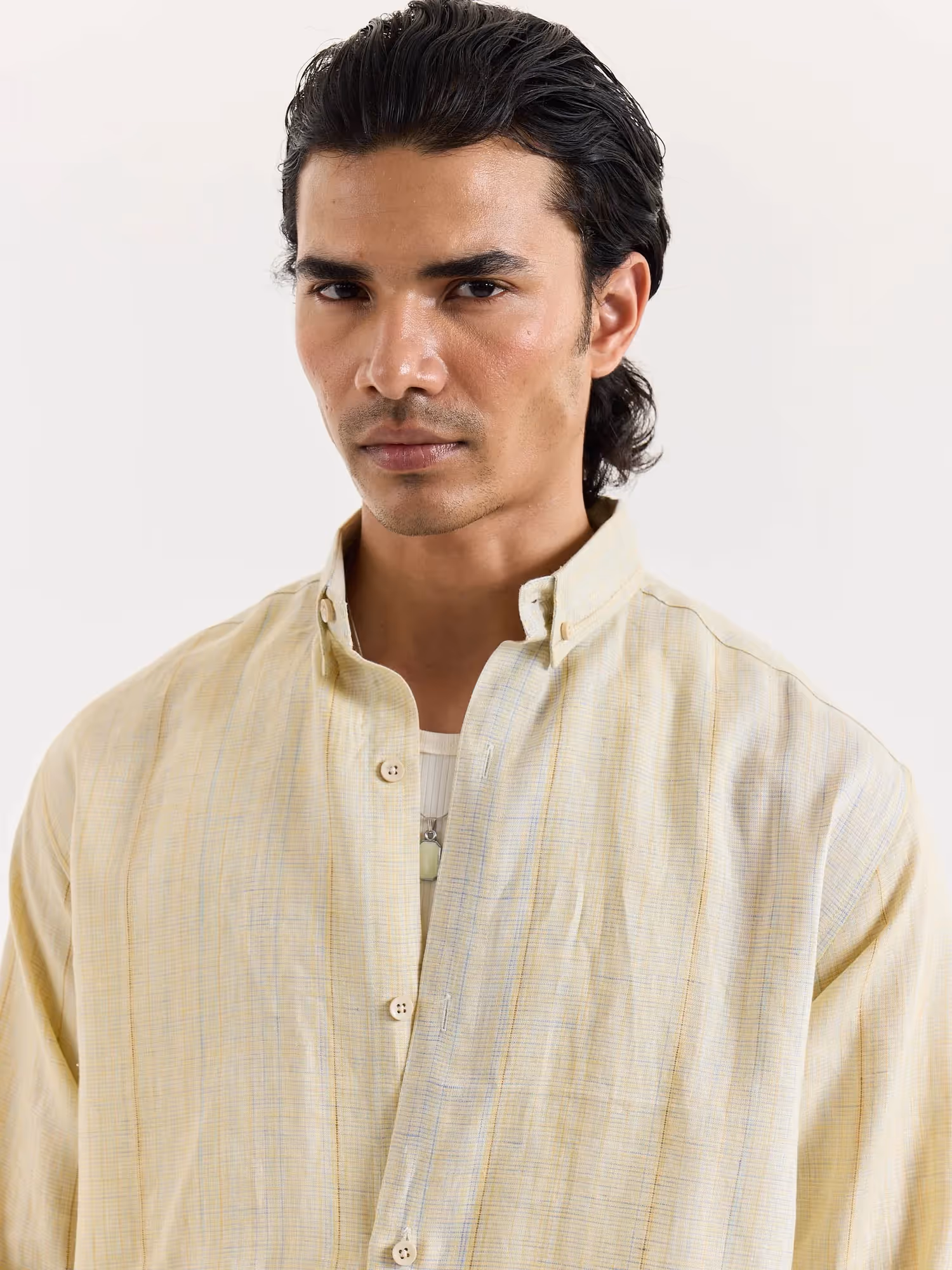 Light Yellow Textured Irish Linen Shirt image 8