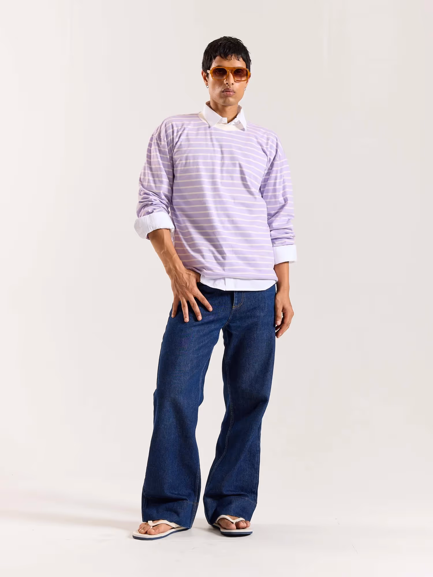 Lilac Striped Loose Fit Cropped T-Shirt image 1